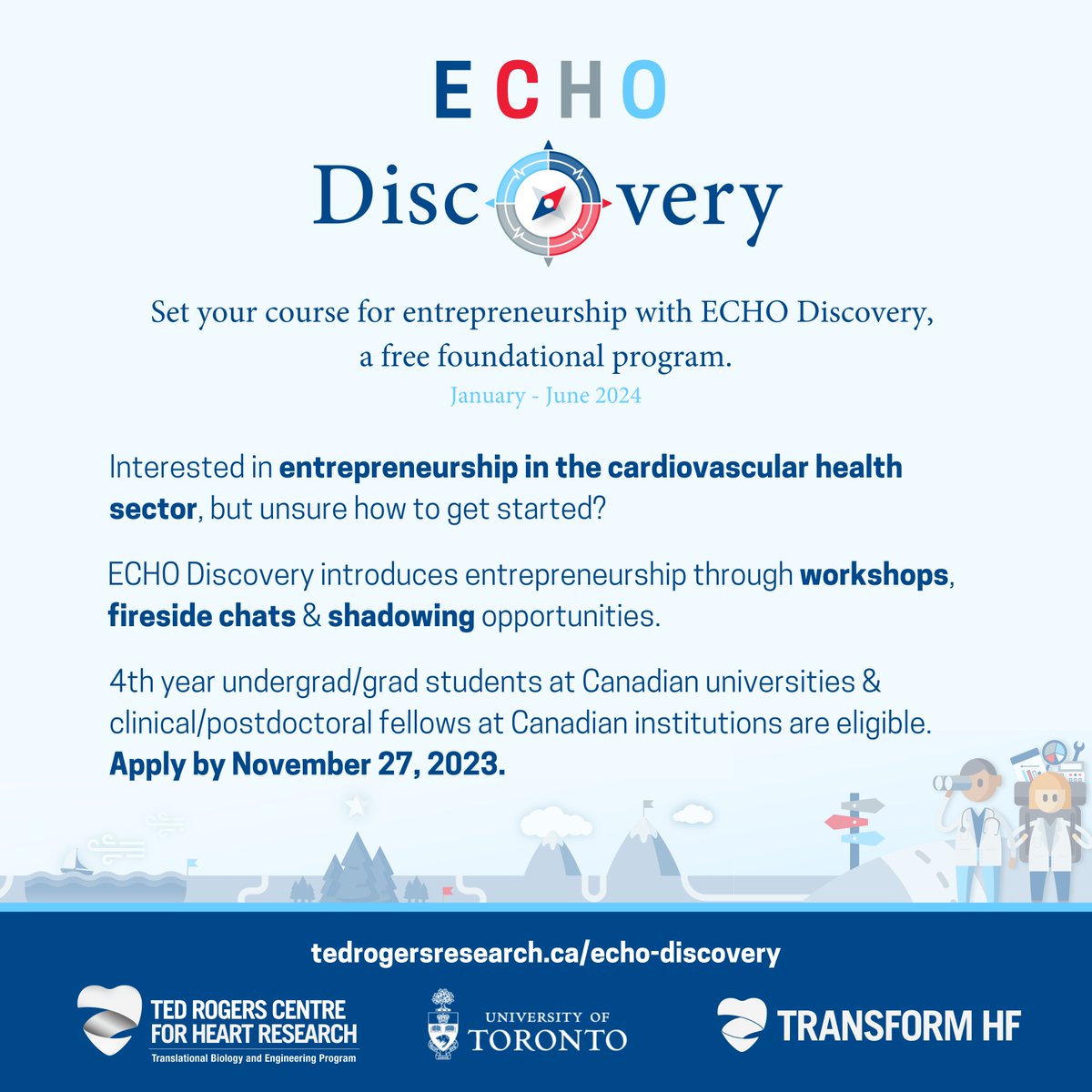 📢Deadline approaches!📢This is the final call for applications for 2024 ECHO Discovery program, a foundational education program designed to explore #ideation, research translation, &amp; #entrepreneurship in the #cardiovascular space. Apply by Nov 27, 2023! tedrogersresearch.ca/echo-discovery/