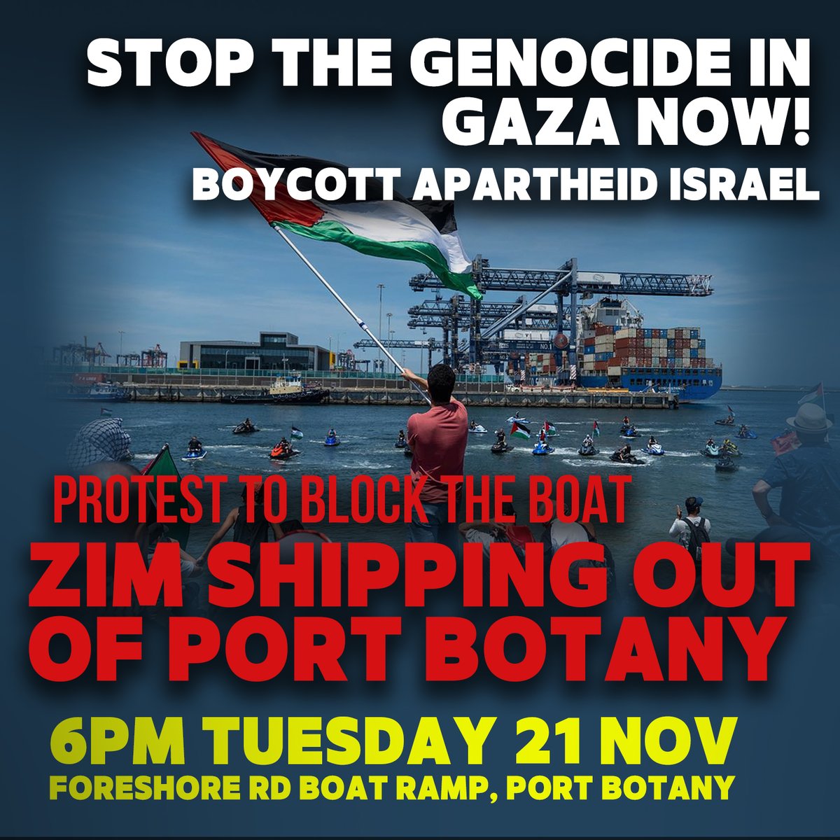 ACTION ALERT – Our protest against ZIM shipping in Botany is 6pm TONIGHT (Tuesday Nov 21). 

The ZIM vessel Calandra is in port. Join us at the Foreshore Rd boat ramp to say ZIM out of Port Botany, stop the genocide in Gaza and free Palestine. 🧵for Media release, map &amp; details.