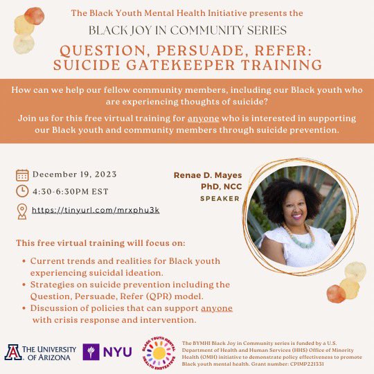 Friends! As a part of our grant work on Black youth #mentalhealth, I’ll be leading a free suicide prevention training! Please feel free to join me :) #BlackJoy tinyurl.com/mrxphu3k
<a href="/nyusteinhardt/">NYU Steinhardt</a> <a href="/uazeducation/">UArizona Education</a> <a href="/VSCA/">VA School Counselors</a>