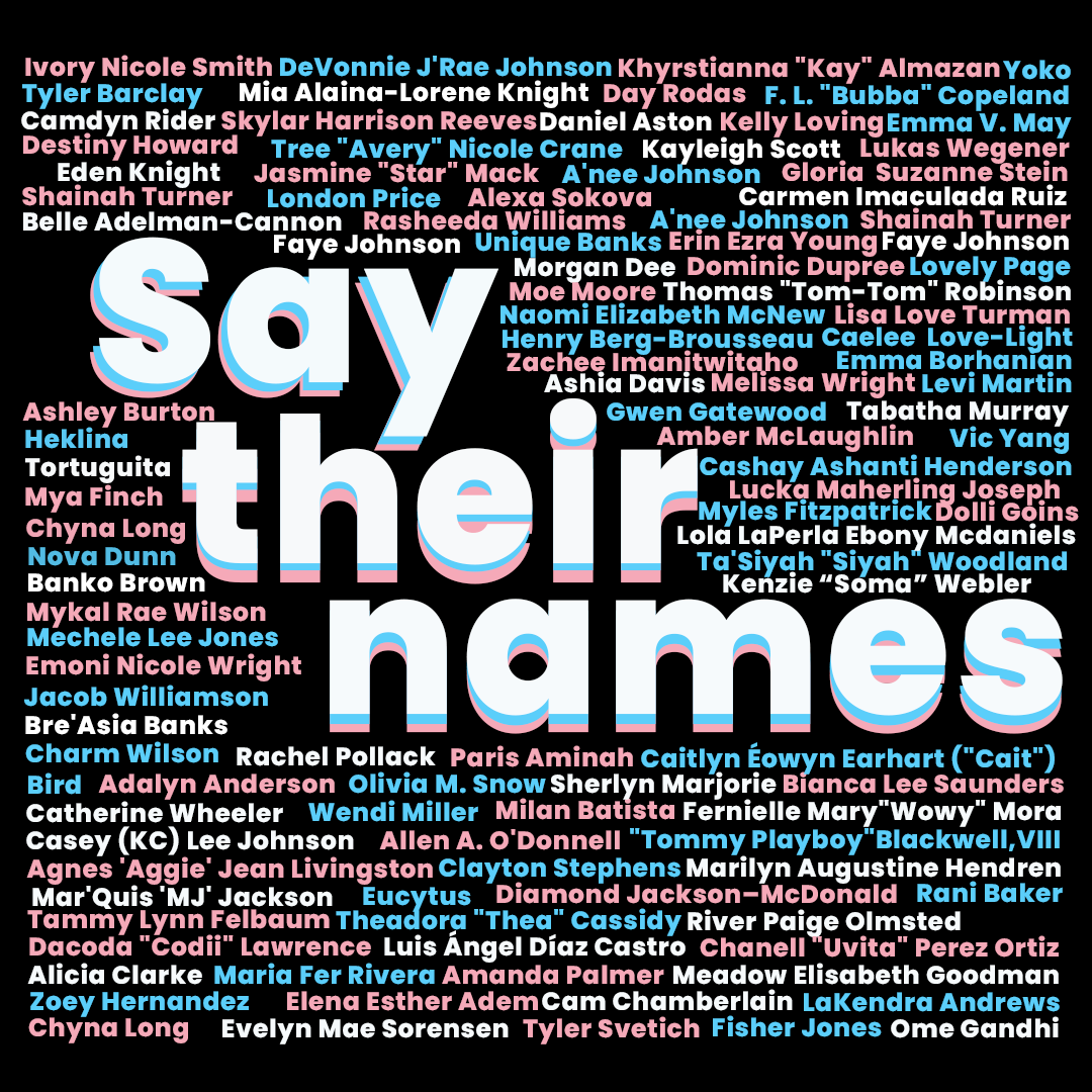 Today, take a moment to honor the trans lives lost. 🕯️

This graphic lists the names of the 86 lives taken by violence or suicide since November 2022. Let us carry on their legacy with action. 💜

#TransDayofRemembrance