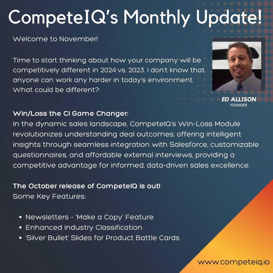 Our monthly update is out! To be added to the email list please contact: tkathrani@competeiq.io