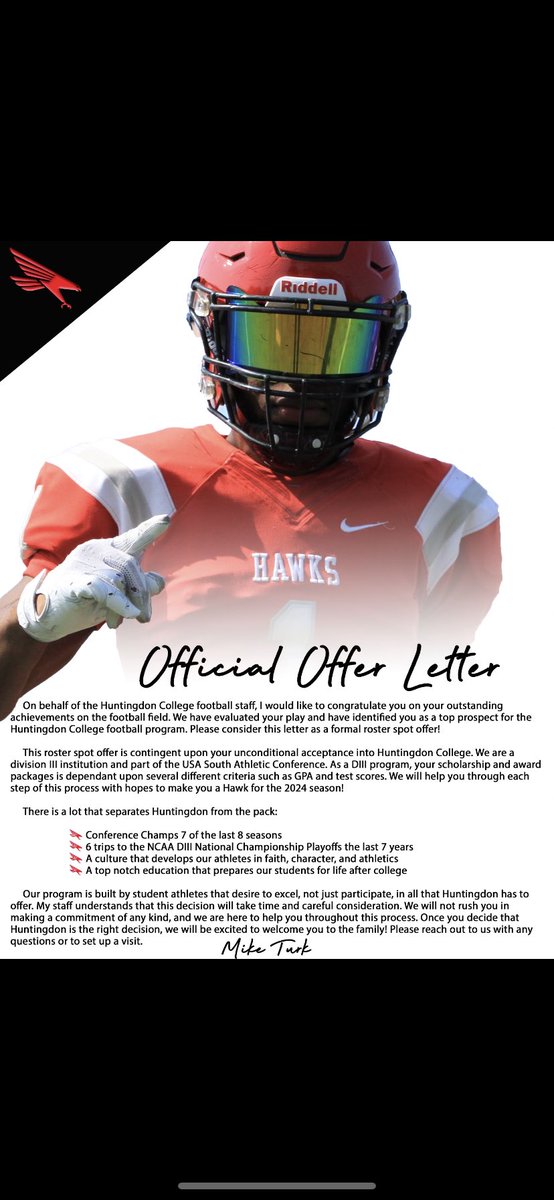 Excited to say I have received an offer from <a href="/HawksFootball/">Huntingdon Football</a> 
<a href="/HHSPantherFB/">HHS Panther Football</a> <a href="/AL7AFootball/">Alabama6AFootball</a> <a href="/ChaelPridgen/">Chael Pridgen</a>