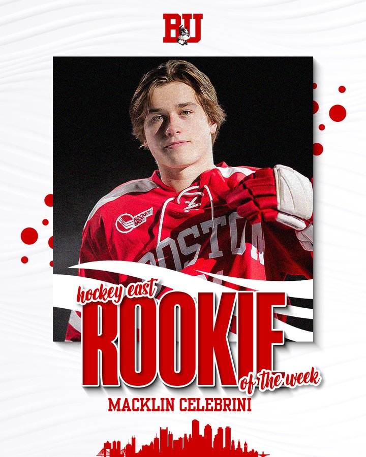 Hockey East Rookie of the Week graphic featuring posed photo of Macklin Celebrini.