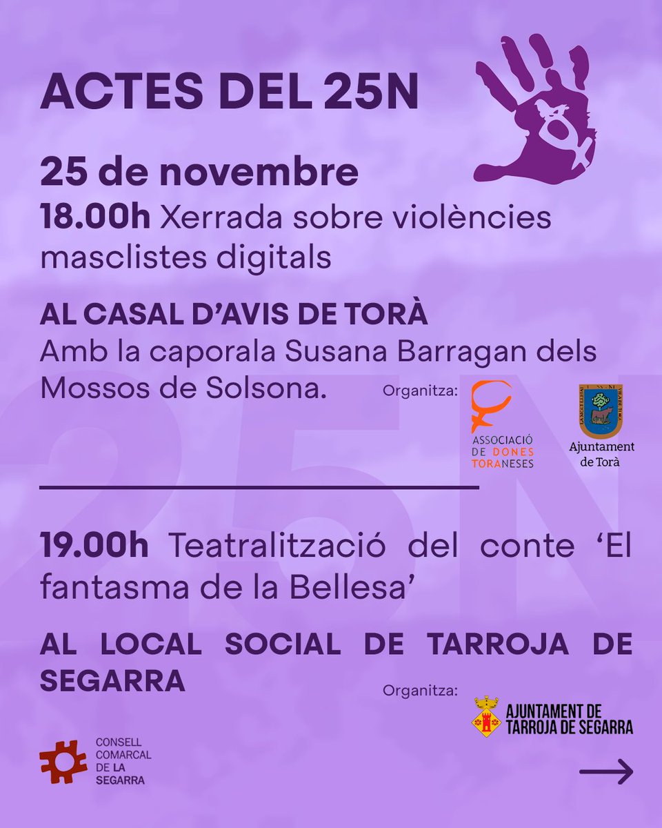 ACTES DEL #25N 💜📢La Segarra commemmora el Dia Internacional per l'Erradicació de la Violència vers les Dones amb diferents actes als municipis de la comarca