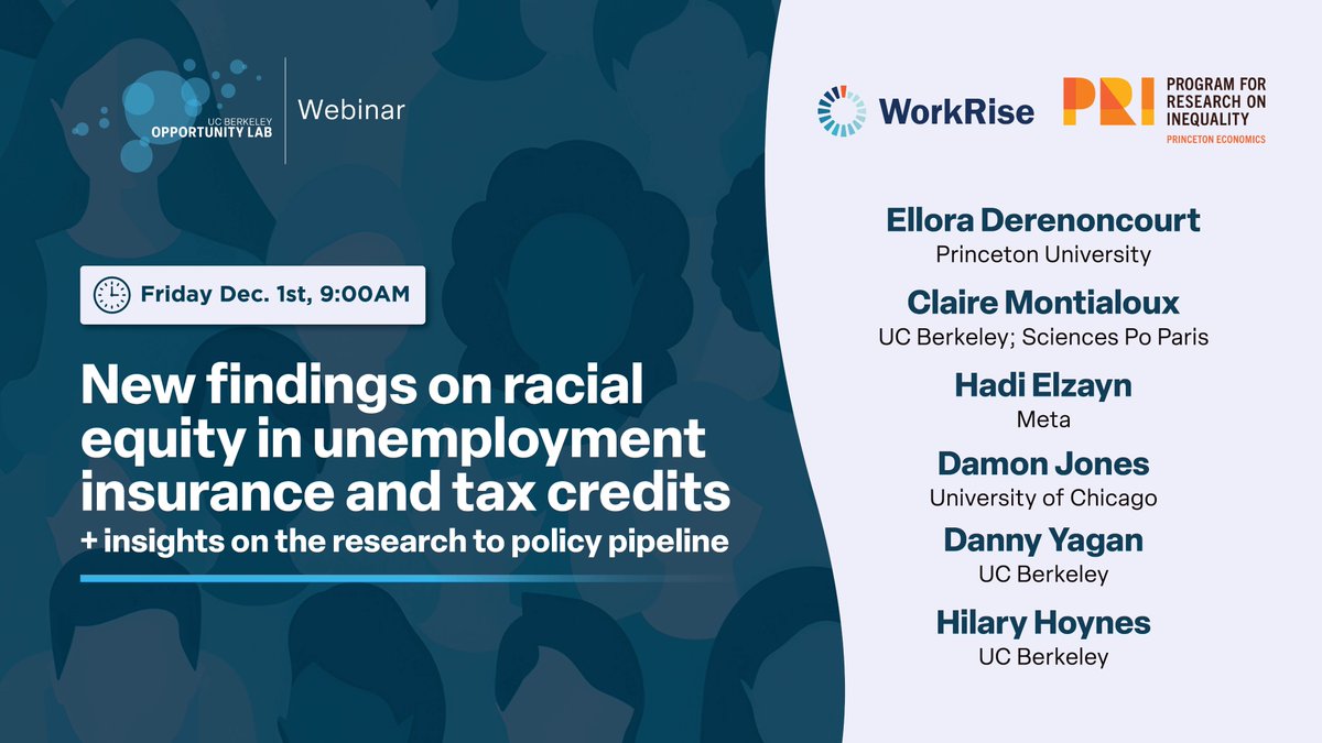 O-Lab's Racial Equity in the Labor Market initiative w/ @WorkRiseNetwork supports @ederenoncourt + @cmontialoux's work building a new database on racial disparities in unemployment insurance. Don’t miss our Dec. 1 webinar showcasing preliminary findings: berkeley.zoom.us/webinar/regist…