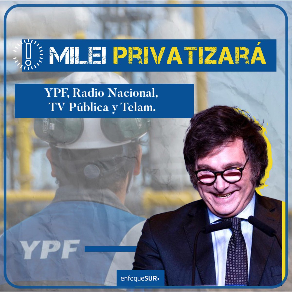 EnfoqueSUR's tweet photo. A pocas horas de haber sido electo como presidente de #Argentina 🇦🇷, #JavierMilei adelantó que privatizará YPF, la TV Pública y Télam.

Además, declaró que “Todo lo que pueda estar en manos del sector privado, será privatizado”.

•

🤔 ¿Qué opinás? https://t.co/uY6p6NgnTC