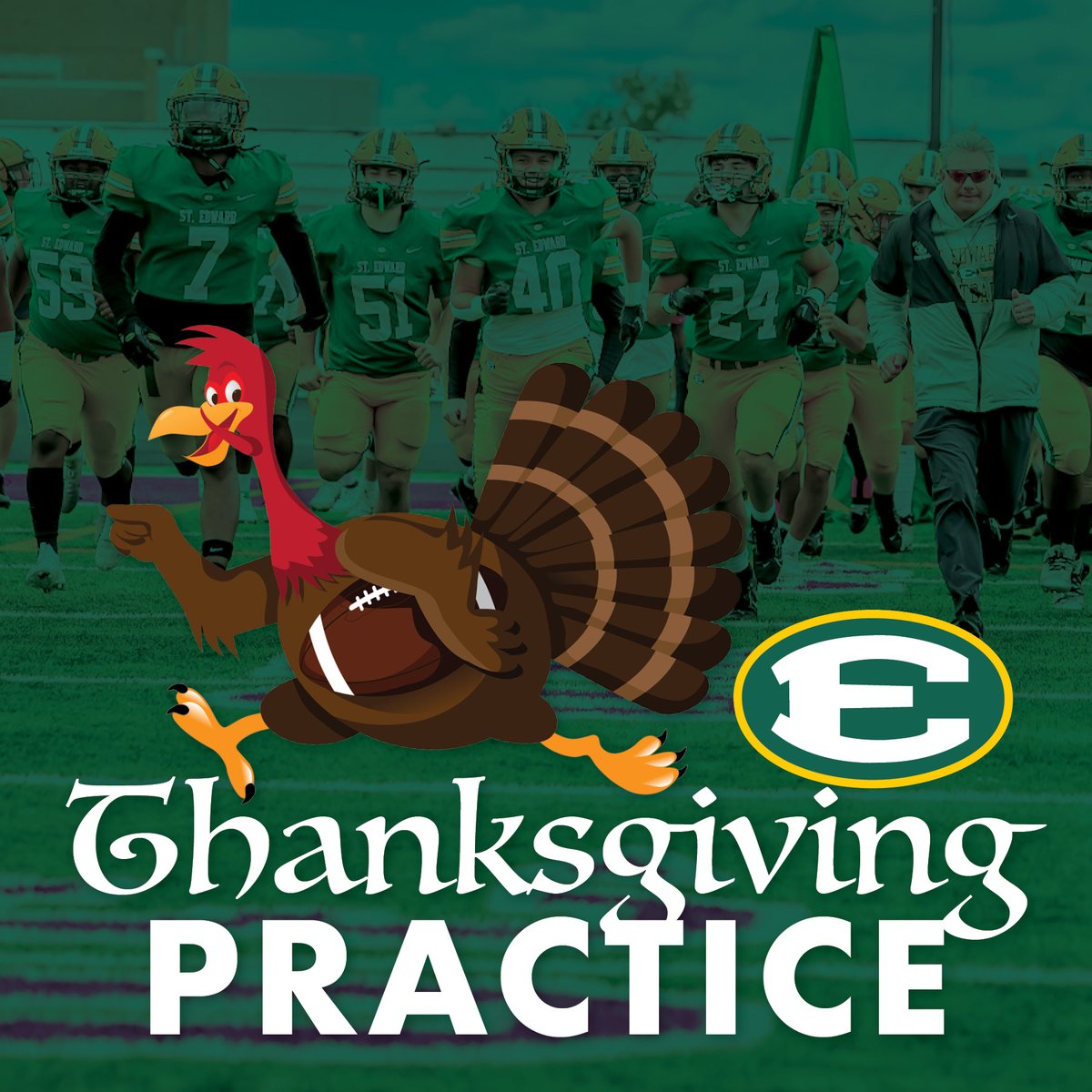 EAGLES ONLY - NO TURKEYS ALLOWED! The entire community is invited to join Eagle Football 🦅 🏈 on Thanksgiving morning for practice. Swing by campus at 9 a.m. to see the team in action before Friday's Playoff Semifinal. Complimentary coffee, hot cocoa, and donuts will be served.