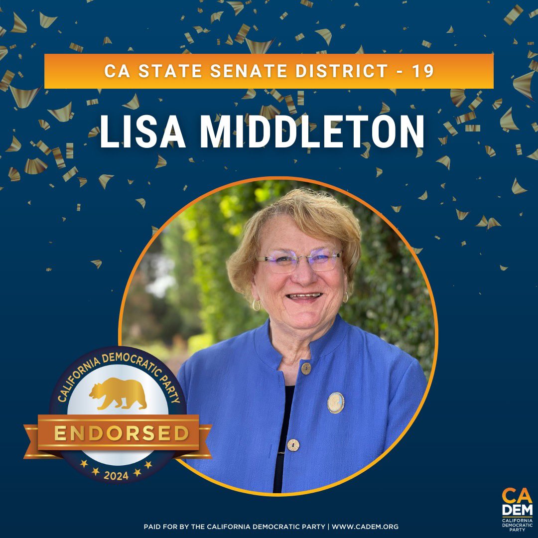 Incredibly proud and grateful to be the @CA_Dem endorsed candidate for State Senate District 19!

We have a lot of work ahead of us to flip #SD19 and we need your help to make history in 2024! 

Join #TeamLisa: electlisamiddleton.com