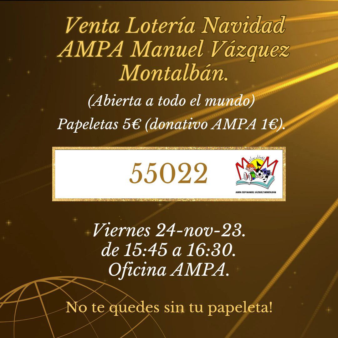 No te quedes sin nuestro número #loteriadenavidad que este año toca!
Este viernes 24 en las oficinas del AMPA del cole! No te arrepientas!