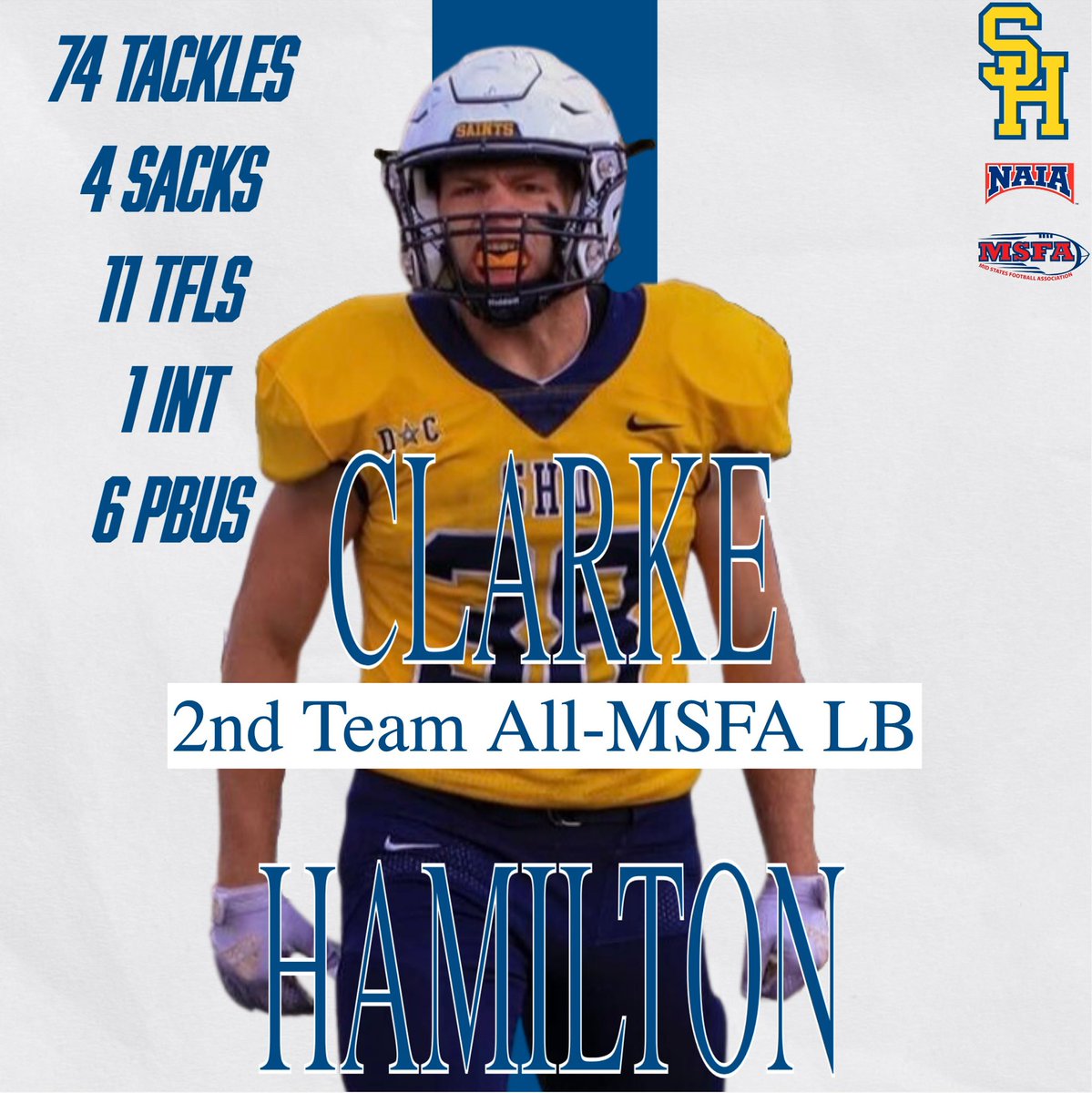Congratulations to <a href="/ClarkeHamilton4/">Clarke</a> on being named 2nd Team All-Conference at Linebacker!

#ONE💛💙 #FearTheHalo💫