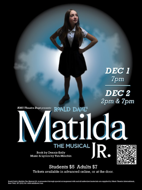 TODAY at 7PM: Matilda JR. is a high-energy, joyous story about a girl w/special powers who inspires others to rebel against the grown-ups! Holmes Middle School Performances will be on TODAY at 7p and December 2 at 2pm and 7pm.  Get tix:🎟️etix.com/ticket/v/15718……
<a href="/HolmesMSTheatre/">E. Murphy</a>