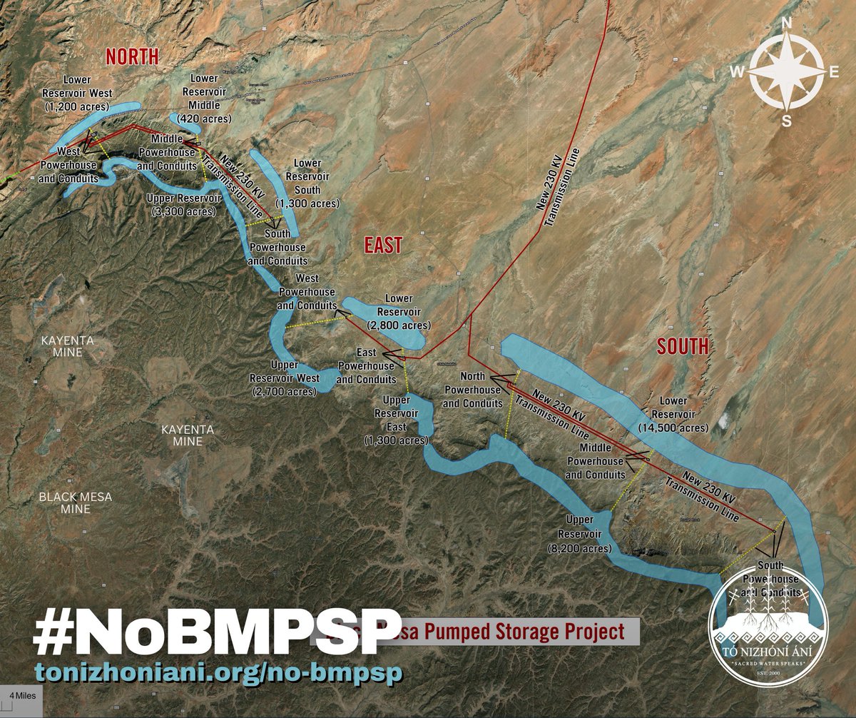 The proposed #BlackMesaPumpedStorage (BMPSP) is divided into three (north, east & south) projects on Black Mesa's northern edge. There are 9 reservoirs in total, which would use 126 trillion gallons of Navajo water. 😵‍💫 #NoBMPSP #ProtectNavajoWater #NoFalseSolutions #TóBeeIiná