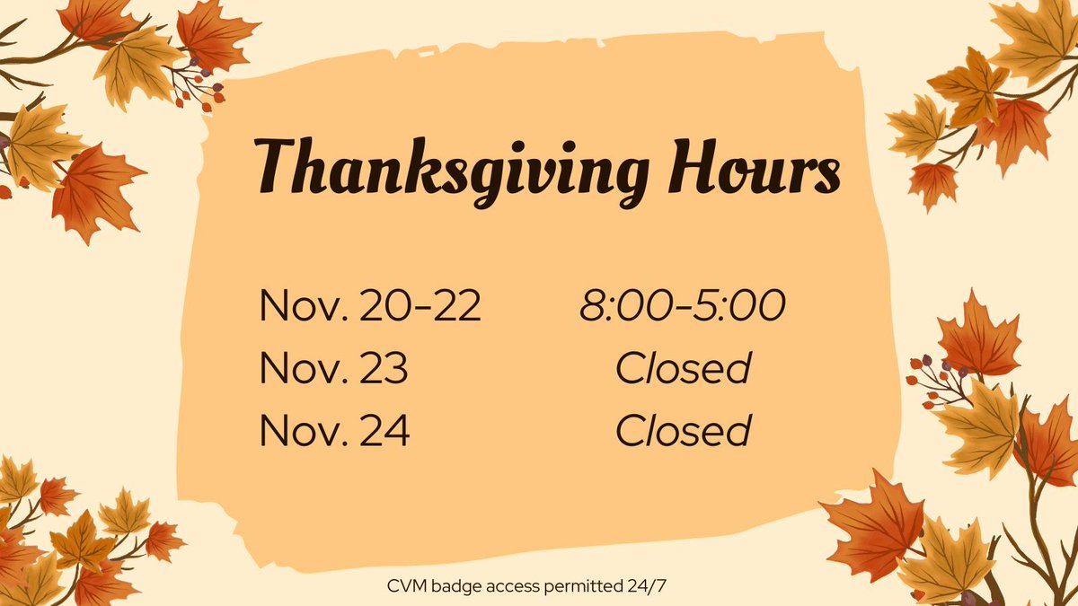 Mizzou Veterinary Medical Library (@zalklibrary) on Twitter photo This week, we are open 8:00-5:00 Monday through Wednesday, and closed Thursday and Friday for Thanksgiving. We will resume our normal business hours on Monday, November 27th. Have a great week, everyone! ๐ฆ This week, we are open 8:00-5:00 Monday through Wednesday, and closed Thursday and Friday for Thanksgiving. We will resume our normal business hours on Monday, November 27th. Have a great week, everyone! ๐ฆ