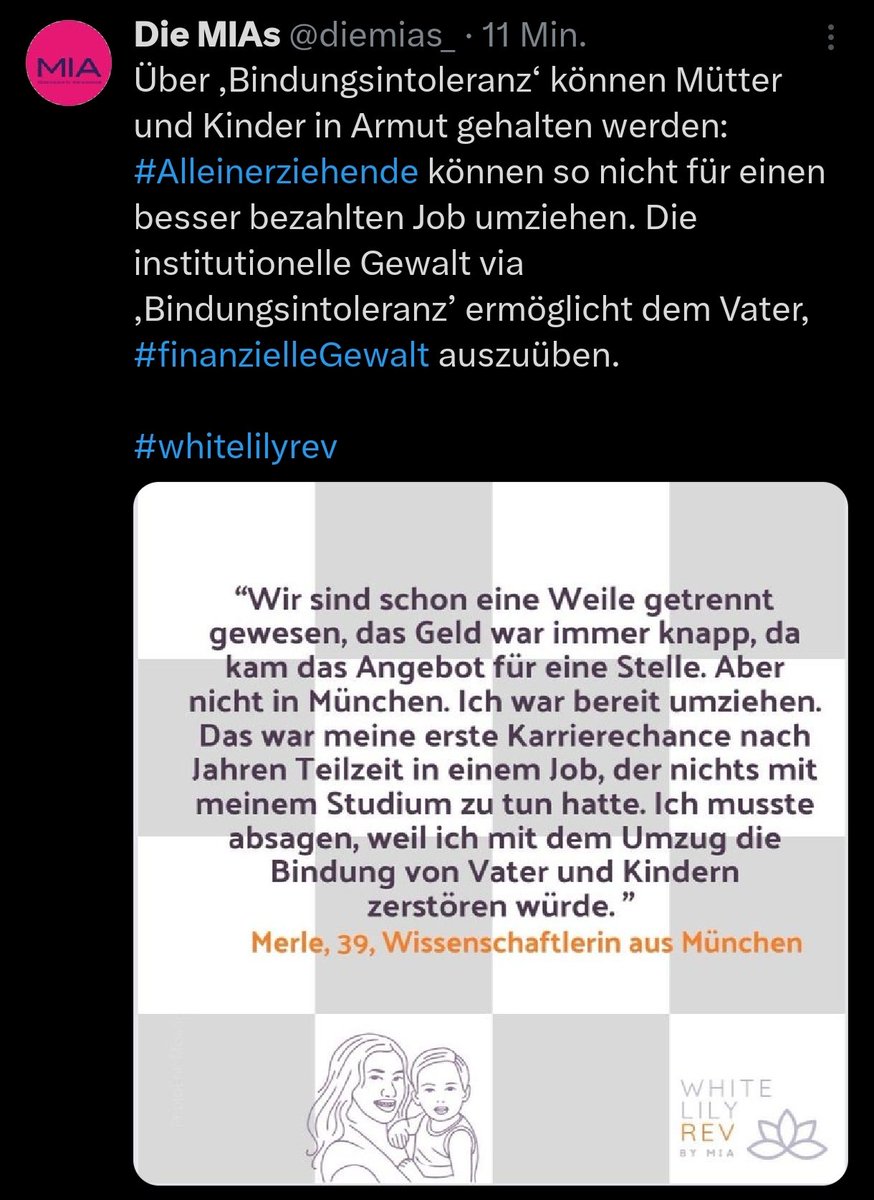 Wenn das Kind nach einer Trennung weiter Kontakt zum Vater haben möchte, der Vater sich darum kümmert, das der Kontakt bestehen bleibt, ist das für @diemias_ #GewaltGegenFrauen.
Dass das Kind beim Vater bleiben könnte, wird von MIA ausgeblendet, denn das Kind gehört zur Mutter.