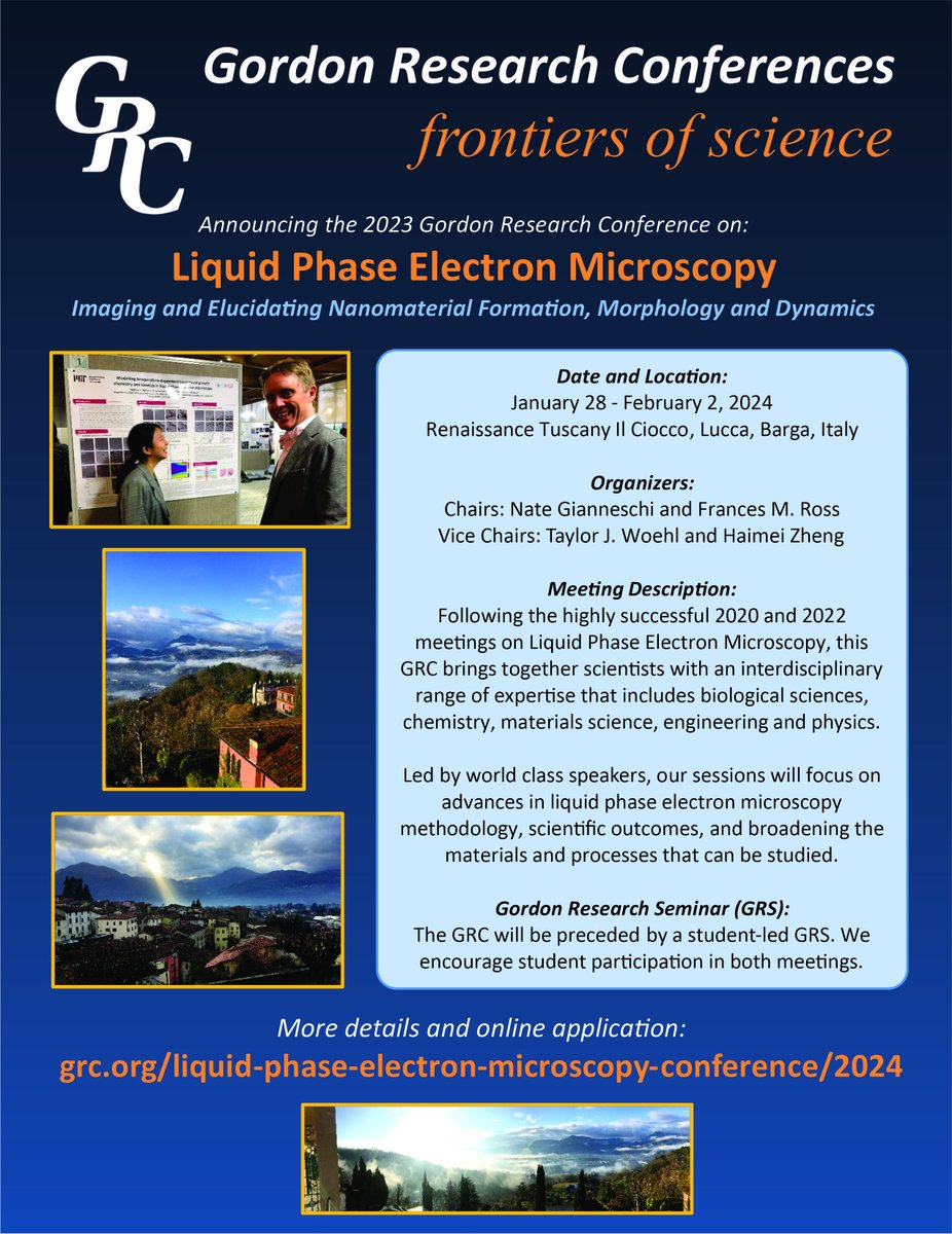 Just a reminder that the Liquid phase EM GRC in Lucca, Italy on January 28 is fast approaching! Historically, students have received a sizeable travel stipend, so this is a great opportunity to attend an international conference! Apply at tinyurl.com/y47ksb5m #Microscopy