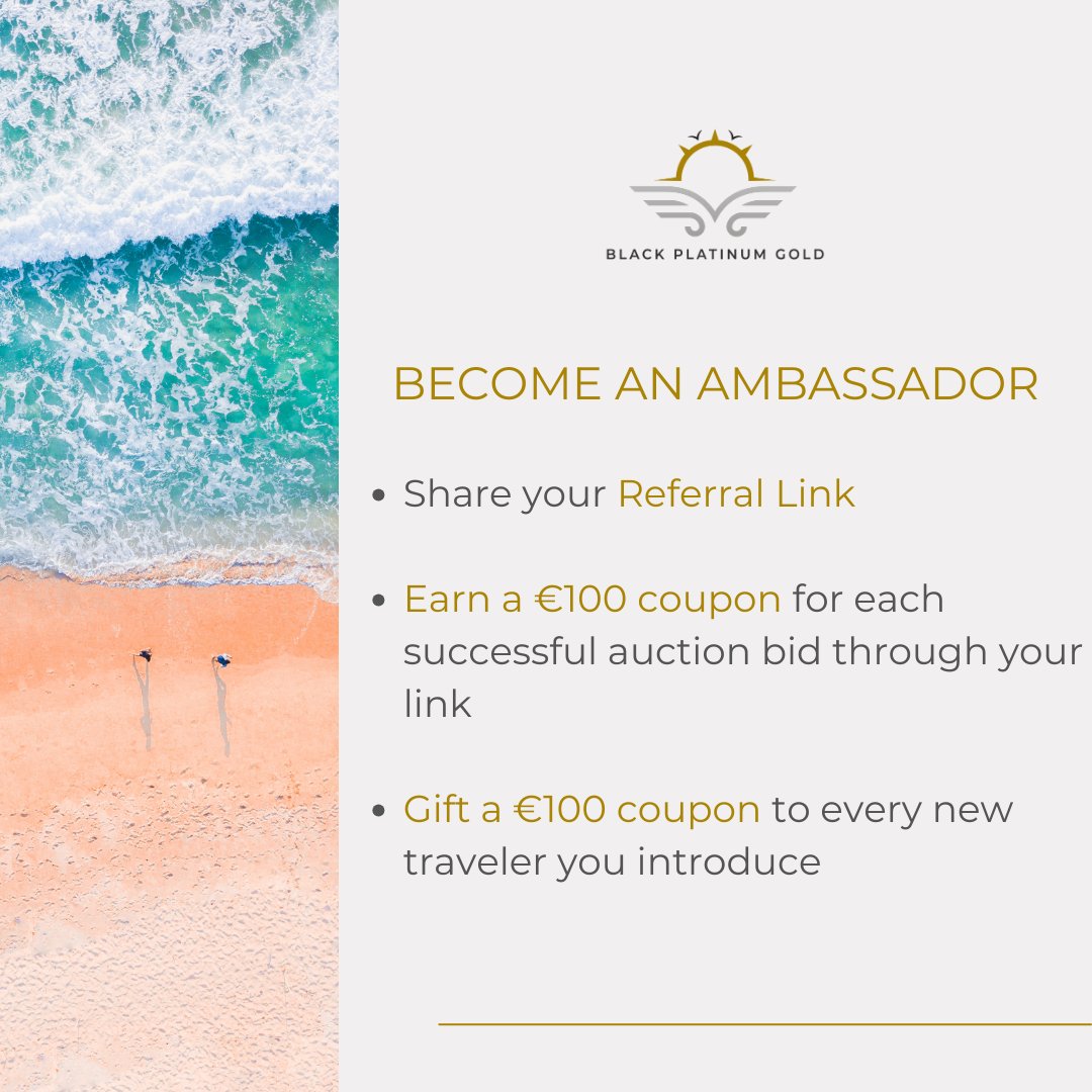 BlackPlatinumG's tweet photo. Dive into the world of #LuxuryTravel auctions as a Black Platinum Gold #Ambassador!
➡️ Share your Referral Link.
➡️ Earn a €100 coupon for each successful referral. ➡️ Every new customer referred by you also gets a €100 coupon.
https://t.co/RcEb0D78Bx
#ReferralRewards #Auction https://t.co/mYjsRTBj75
