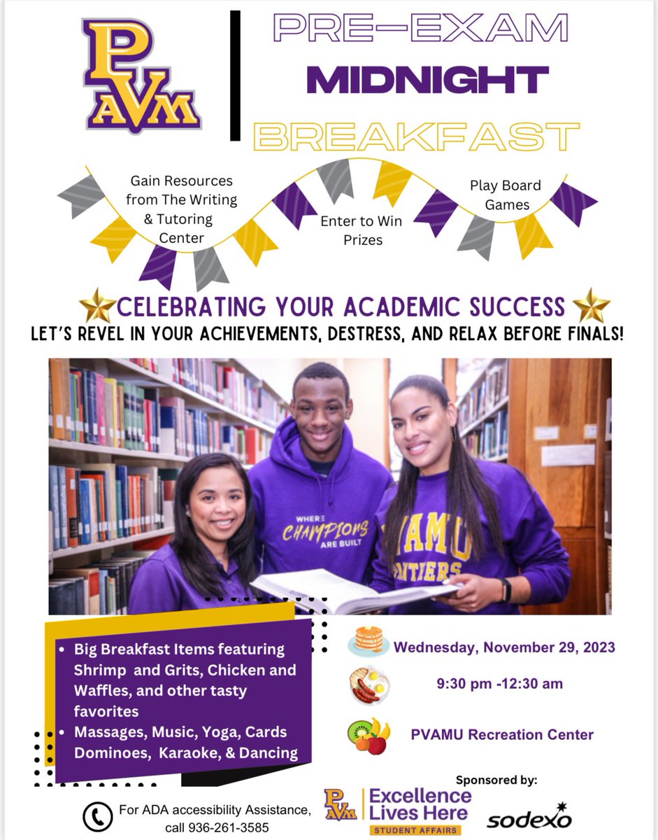 Come de-stress and have fun at our first-ever Pre-Exam Midnight Breakfast - Wednesday, November 29. Enter to win Prizes: 🛴motorized scooter, TVs📺, Keurig☕,  Bookstore gift cards, and more!