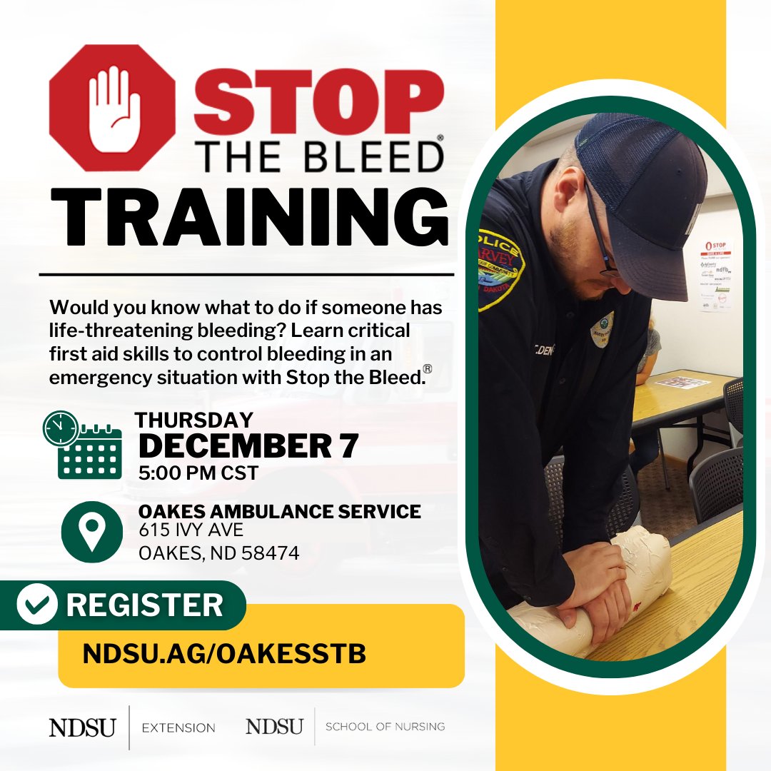 ndsuextdickey's tweet photo. Seconds matter in a rural injury incident or medical emergency, and the time it takes first responders to travel to an injured person can be critical to survival.
Registration for Stop the Bleed Training is available at https://t.co/yo8PJiHr6a
#StoptheBleed #NDSUExtension https://t.co/DFpDDMyYgp