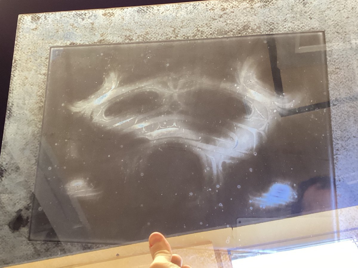 40 years of off gassing from this Jim Hart embossed Indigenous art piece has left a ghost image on the inside of the glass. A good reminder to have the inside of the glass cleaned on important artwork to keep them looking new.
#yyjarts