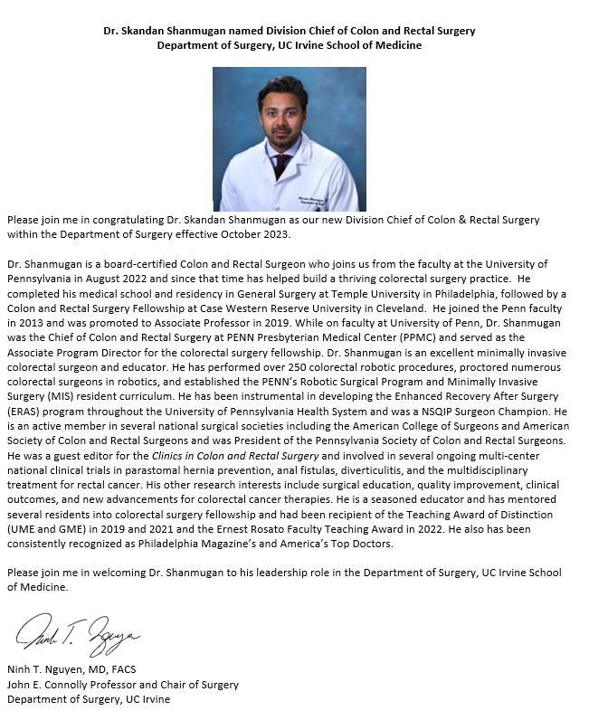 #UCISurgery is proud to announce our new Division Chief of Colon and Rectal Surgery, Dr. Skandan Shanmugan! #crs #colorectal #surgeryleadership