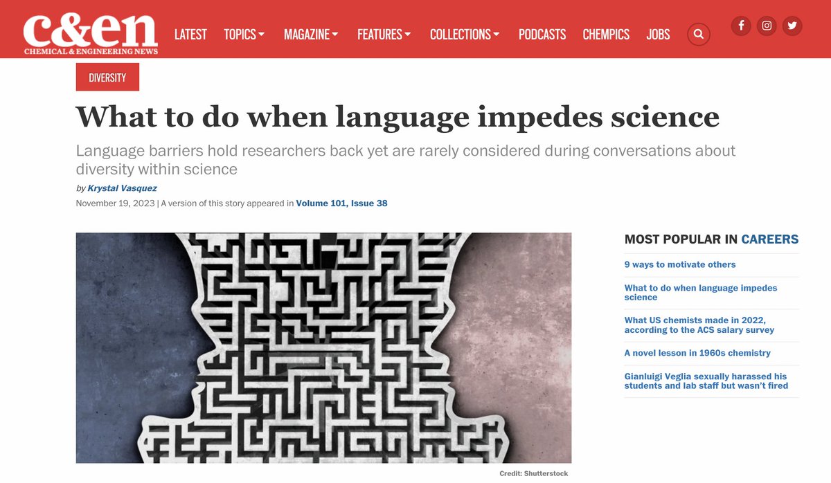 How can we make sure language doesn't impede science? 🌍 Read now in @cenmag: cen.acs.org/careers/divers… Thank you @caffeinatedkrys for sharing this story and highlighting our research with Eng+ chemistry trainees. #EDI #chemistry