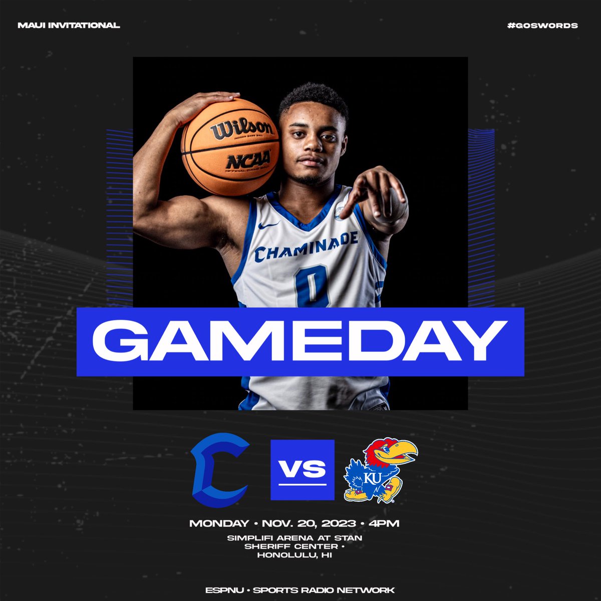 Day 1 of the <a href="/MauiInv/">Southwest Maui Invitational</a> is here. 

🆚 #1 Kansas
⏰ 4 PM HST
📺 ESPNU
📻 <a href="/hisportsradio/">Hawai'i Sports Radio</a> 
📍Stan Sheriff Center