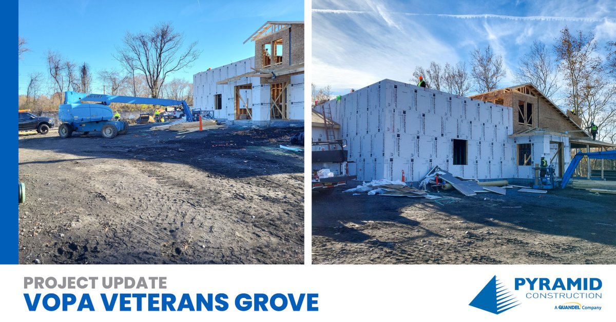 Project update from the Veterans Outreach of Pennsylvania Veterans Grove project in Harrisburg. Building envelope is continuing with water-resistive barrier insulating and sheathing on the main community building at the site.