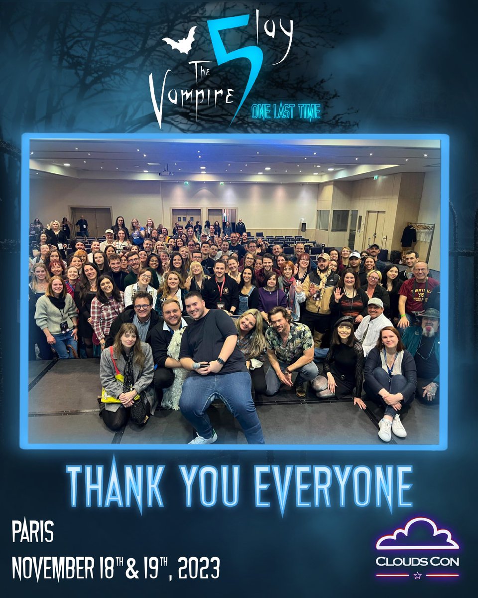 StarsConvs's tweet photo. C’est avec émotion et gratitude que nous vous remercions tous ce soir pour nous avoir soutenu durant notre convention « Slay The Vampires 5 - One Last Time » 🧛‍♂️

Nous voudrions remercier sincèrement nos 7 guests pour leur confiance, Merci à Emma, Amber, Marc, Juliet, Clare, Charlie et Jonathan.

Une Immense merci à notre fabuleux staff qui reste et restera notre famille de cœur. Nous vous aimons tous et sommes fiers de vous avoir à nos côtés sur nos événements !  

MERCI à tous nos slayers qui auront répondu à notre appel ce week-end ! 

MERCI à nos partenaires et prestataires de longue date ! BIG UP à Reflex, Véro et Serge

MERCI à nos partenaires média pour leur travail. Merci à eux également de nous avoir permis de réaliser cette vidéo d’ouverture pleines de magnifiques souvenir ! @AddictionConv @FrConventions 

Il n’y aura pas de galerie photo de notre part mais n’hésitez pas à vous plonger dans celles de Addictions et FRConvs pour revivre la convention.
Cela a été un véritable honneur de vous recevoir, nous espérons que vous garderez de très beaux souvenirs de ce week-end vampirique !

Nous souhaitons maintenant remercier TOUS les participants et TOUTES les personnes qui auront pu participer de près ou de loin à ces 5 éditions des Slay The Vampires.

Ces 5 éditions riches en émotion furent pour nous un périple initiatique digne d’un roman plein de rebondissements. Nous avons grandi et évolué avec vous. Vous avez été en quelque sorte nos observateurs et vous nous avez permis d’acquérir l’expérience dont nous avions besoin pour en être où nous en sommes aujourd’hui et nous nous vous en serons à jamais reconnaissant. 

Nous estimons également que nous avons fait le tour de ce que nous pouvions vous proposer et nous préférons, en tout honneur, inscrire sur cette histoire le mot FIN sur cette merveilleuse saga qui nous aura fait tous vibrer sur 5 tomes. 

Nous vous annonçons donc que la Saga Buffy Contre les Vampires by Clouds Con s’achève donc pour nous aujourd’hui avec cette 5ème édition.
***
It is with profound emotion and gratefulness that we thank you all tonight for supporting us during our “Slay The Vampires 5 One Last Time” convention.

We would like to express our sincere gratitude to our seven guests for their trust. Many thanks to Emma, Amber, Marc, Juliet, Clare, Charlie and Jonathan.

A great thank you to our amazing staff members who are, and will always be our chosen family. We love you and we’re so proud to have you by our side during our events! 

THANK YOU to our slayers for answering our call this weekend!

THANK YOU to our long-standing partners and service providers! MASSIVE SHOUT OUT to Reflex, Véro and Serge

THANK YOU to our media partners for their work! We’d also like to thank them for enabling us to make our opening video which was full of beautiful memories! 

@AddictionConv @FrConventions

We will not have a photo gallery on our side, but do not hesitate to browse through those Addictions and FRConvs will post to dive back into the convention. 

It’s been a real honor to welcome you. We hope you will keep wonderful memories from this vampiric weekend!

We would now like to thank ALL the participants and ALL the people who directly or indirectly contributed to these five Slay the Vampires conventions

These five emotional editions were an initiatory journey which was just like those you can read about in a novel with lots of twists and turns!

We have grown up with you and we have evolved with you. Somehow, you have been our Watchers, and you have enabled us to acquire the experience we needed to be where we are today, and for that we will forever be grateful. 

Today we feel like we have offered you everything we could, which is why we would like to gracefully wrap up this story and write “THE END”. This marvelous saga has been a total thrill in five volumes and it is now time to conclude it with this fifth and final edition.