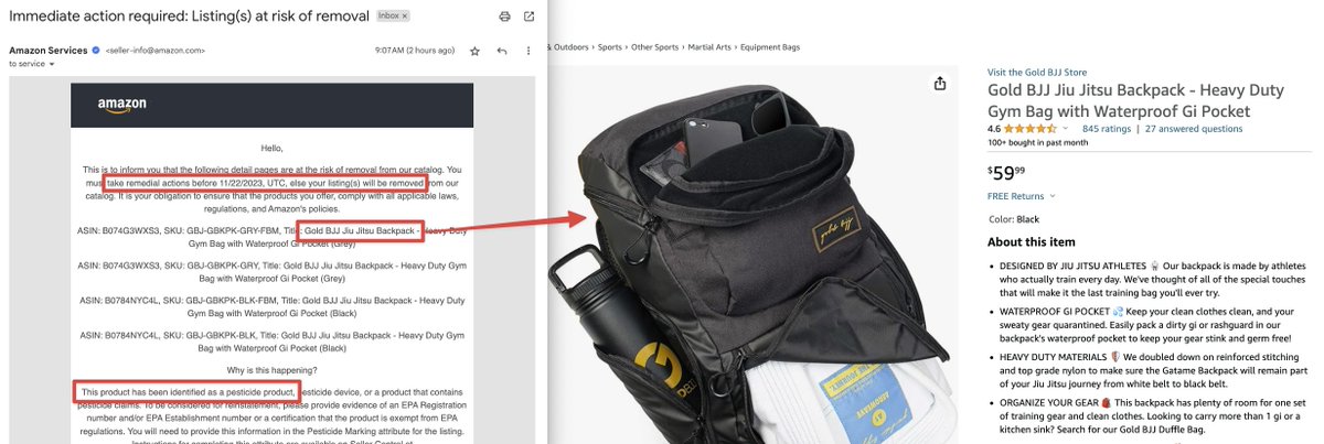 ColeSouth's tweet photo. this morning one of our most important Amazon listings, a Jiu Jitsu backpack, was taken down for being a pesticide 🤦‍♂️

the appeal process takes 5-7 days, at which point we'll of course have missed the busiest week of the year.

hard to say if it's a blackhat attack or an algorithm gone wild, but this is the sort of thing that is maddening about selling on Amazon.

we pay them millions of dollars a year in selling fees and advertising. any other company would give us at least some sort of point of contact to take care of stuff like this. with Amazon it's just a total black hole of overseas seller support cases. any help would be much appreciated @amznsellerhelp @dharmeshmehta