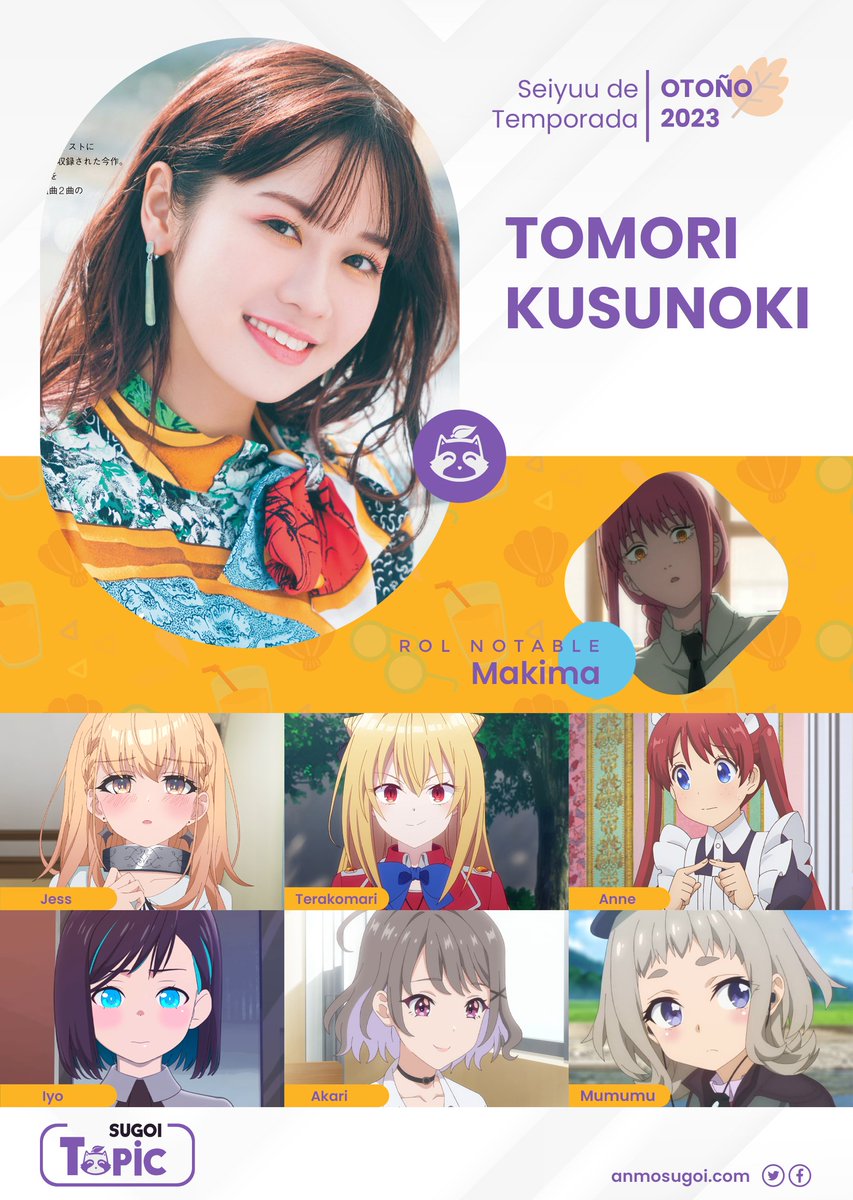 ⭐️Seiyuu de Temporada⭐️

#TomoriKusunoki voz de Makima (Chainsaw Man) regresa esta temporada como:

Jess (Butareba)
Terakomari (The Vexations of a Shut-In Vampire Princess)
Anne (Tearmoon Empire)
Iyo (KamiErabi)
Akari (Our Dating Story)
Mumumu (Rail Romanesque 2)
#楠木ともり