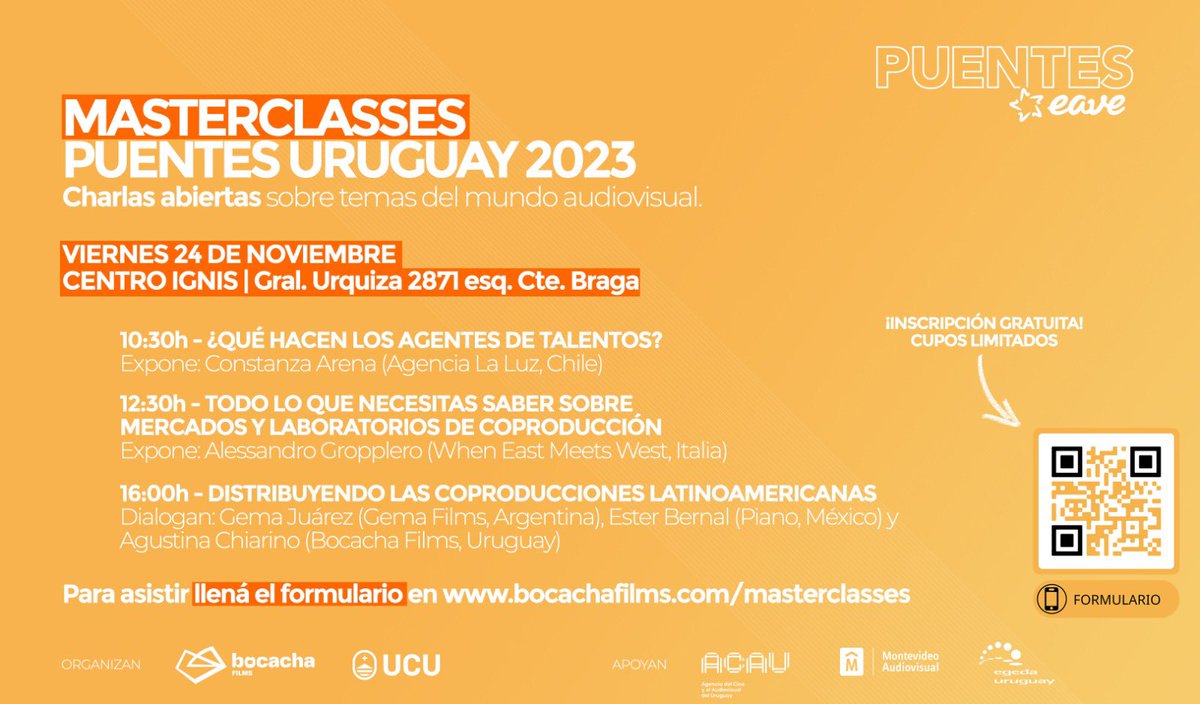 UCUcomunicacion's tweet photo. ¡No te pierdas la Masterclass 👉🏻 Puentes Uruguay 2023 junto a @BocachaFilms y #CentroIGNIS‼️

Un ciclo de #OpenLectures para interiorizarte o profundizar tus conocimientos en el mundo audiovisual 🎥

🗓️ Viernes 24/11

📍 Edificio Athanasius (Gral. Urquiza 2871) https://t.co/9Z6o7yRjSj