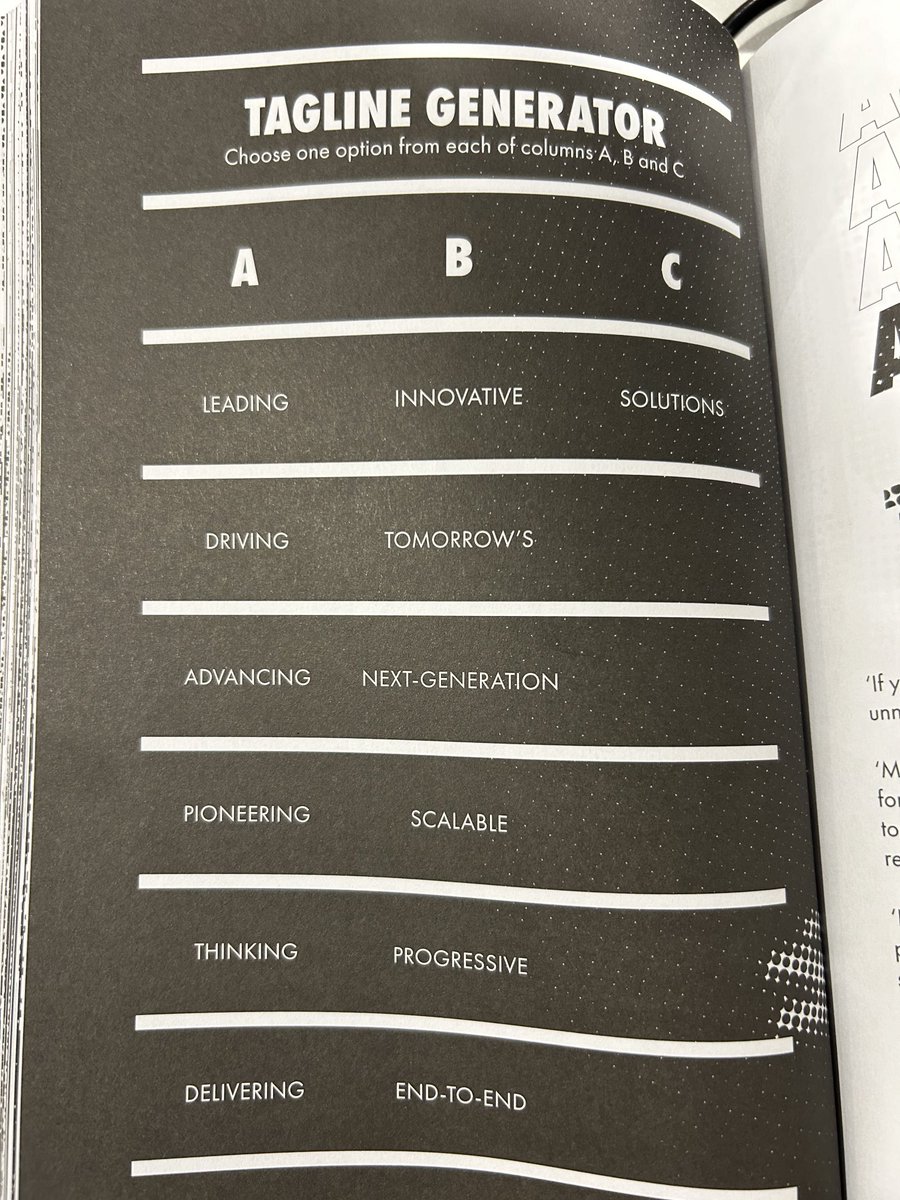 A handy modern tagline generator

In How Brands Blow by ⁦<a href="/Dr_Draper/">Ryan Wallman</a>⁩ and ⁦<a href="/Giles_Edwards/">Giles Edwards also ➡️ @gilesedwards.bsky.social</a>⁩