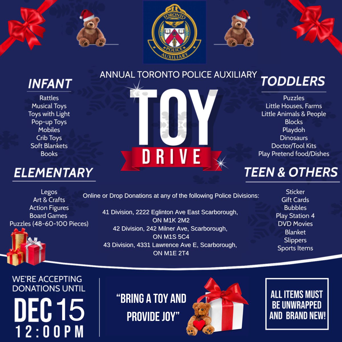 Our 4 District Auxiliary Toy Drive is officially underway for the 30th year! Please drop off a new unwrapped toy to 41, 42 or 43 Division. There is no greater feeling than seeing the smile on a child’s face who may not otherwise receive a gift this season.