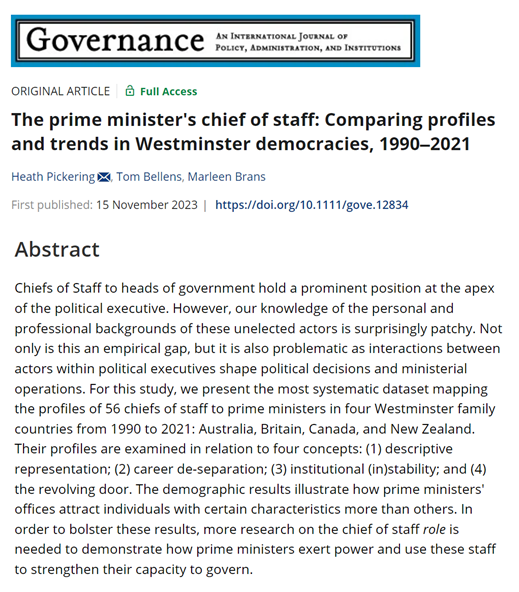 Governance Journal (@gov_journal) on Twitter photo New on Early View: The prime minister's chief of staff: Comparing profiles and trends in Westminster democracies, 1990–2021
by <a href="/PolSciPick/">Heath Pickering</a> , Tom Bellens, and Marleen Brans
onlinelibrary.wiley.com/doi/full/10.11… New on Early View: The prime minister's chief of staff: Comparing profiles and trends in Westminster democracies, 1990–2021
by <a href="/PolSciPick/">Heath Pickering</a> , Tom Bellens, and Marleen Brans
onlinelibrary.wiley.com/doi/full/10.11…
