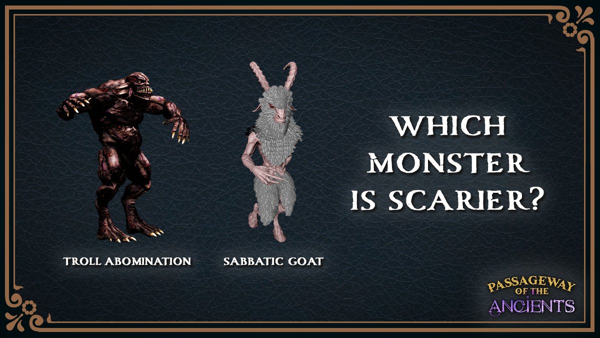 PassagewayGames's tweet photo. The Troll Abomination relies on brute strength, while the Sabbatic Goat is fleet of foot. Which monster would you rather face in battle? Choose one for #indiedevhour ⚔️

#WIPwednesday #wishlistwednesday #trollartwork #troll #gameart #gameartwork #gameartworks #monsterart https://t.co/h7i6uTQ1EL