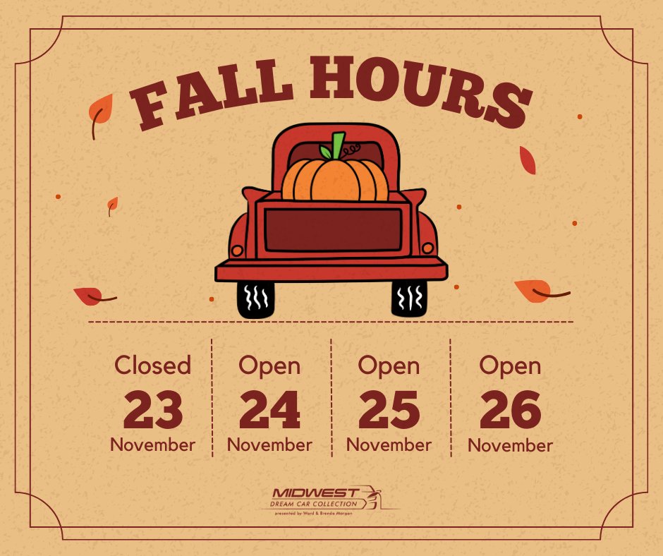 🦃 While we're closed on Thanksgiving Day to enjoy the festivities, we're back in gear for the holiday weekend! Cruise over to Midwest Dream Car Collection for family-friendly fun. We're open regular hours Friday through Sunday—your perfect post-turkey destination!