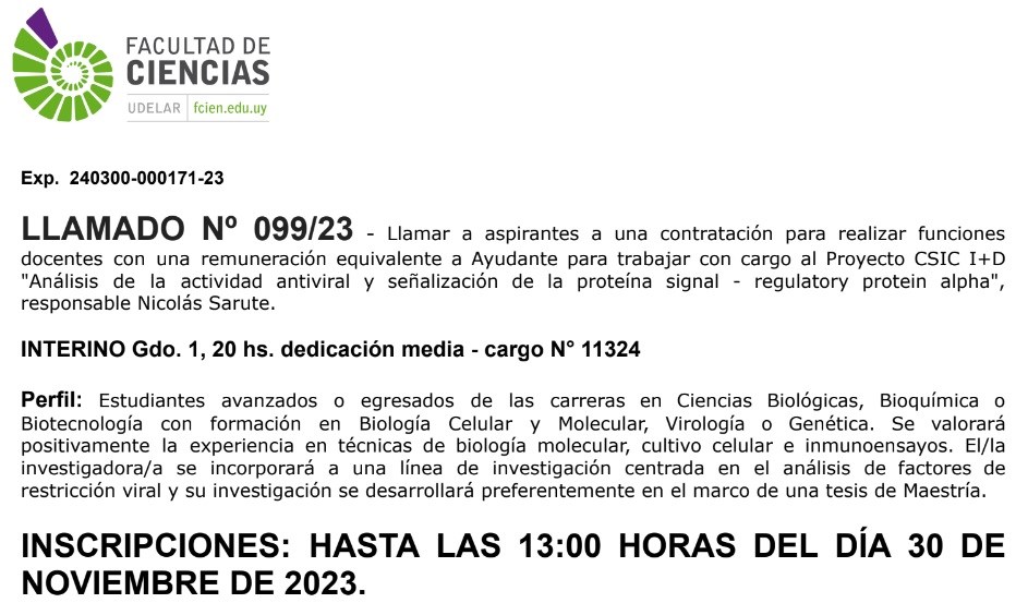 🚨OFERTA LABORAL🚨
Nuestro laboratorio busca incorporar un/a egresado/a reciente de Biología, Bioquímica o Biotecnología para trabajar en un proyecto #CSIC, preferentemente en el marco de su Maestría.

Inscripciones a través de concursos <a href="/FcienUdelar/">Facultad de Ciencias</a> 

Agradecemos difusión 🔄🙌