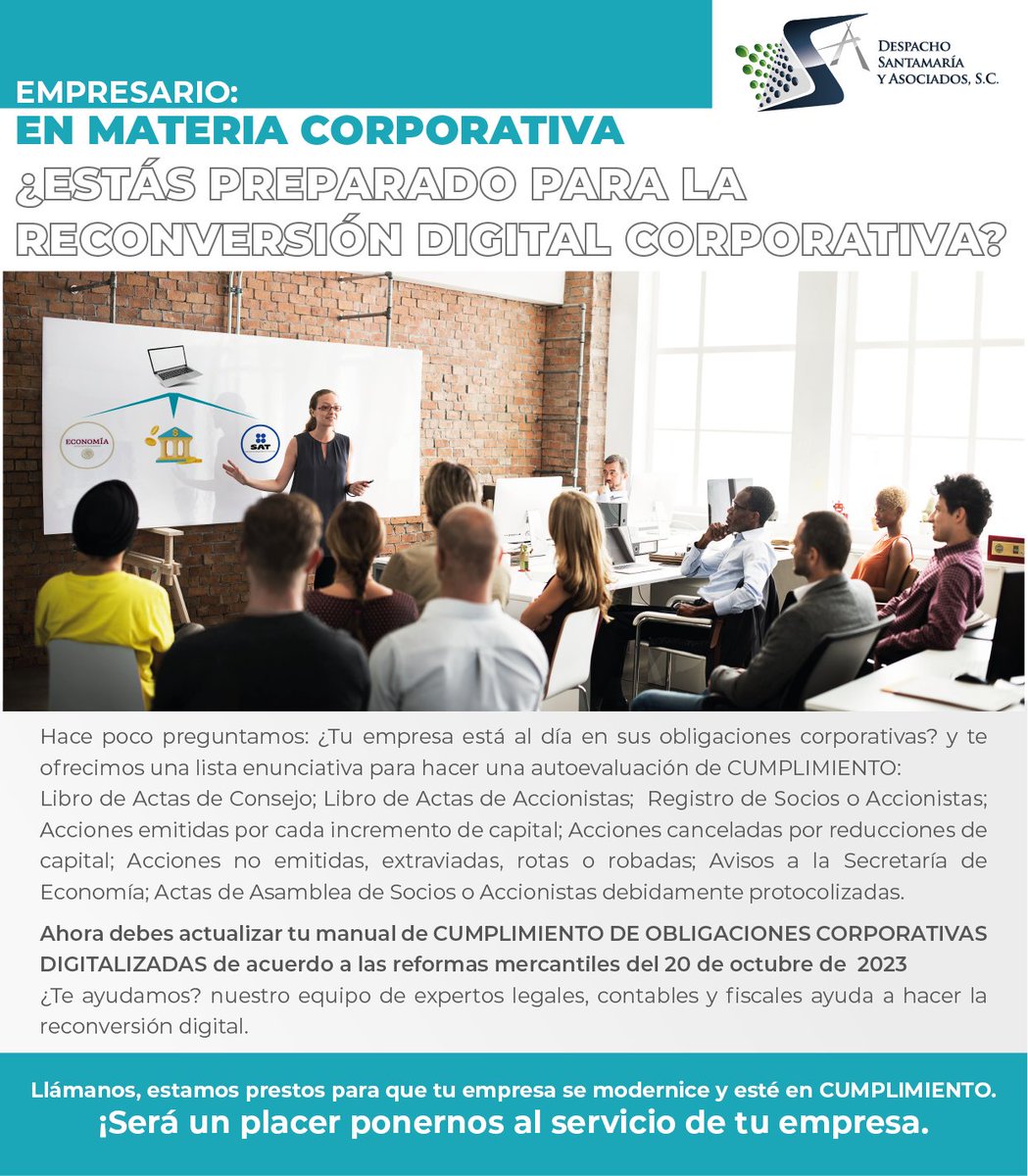 DSA_Santamaria's tweet photo. EMPRESARIO: EN MATERIA CORPORATIVA
¿ESTÁS PREPARADO PARA LA RECONVERSIÓN DIGITAL?

#ObligacionesCorporativas #ActasdeConsejo #Socios #Accionistas https://t.co/FXgWk8JAMy