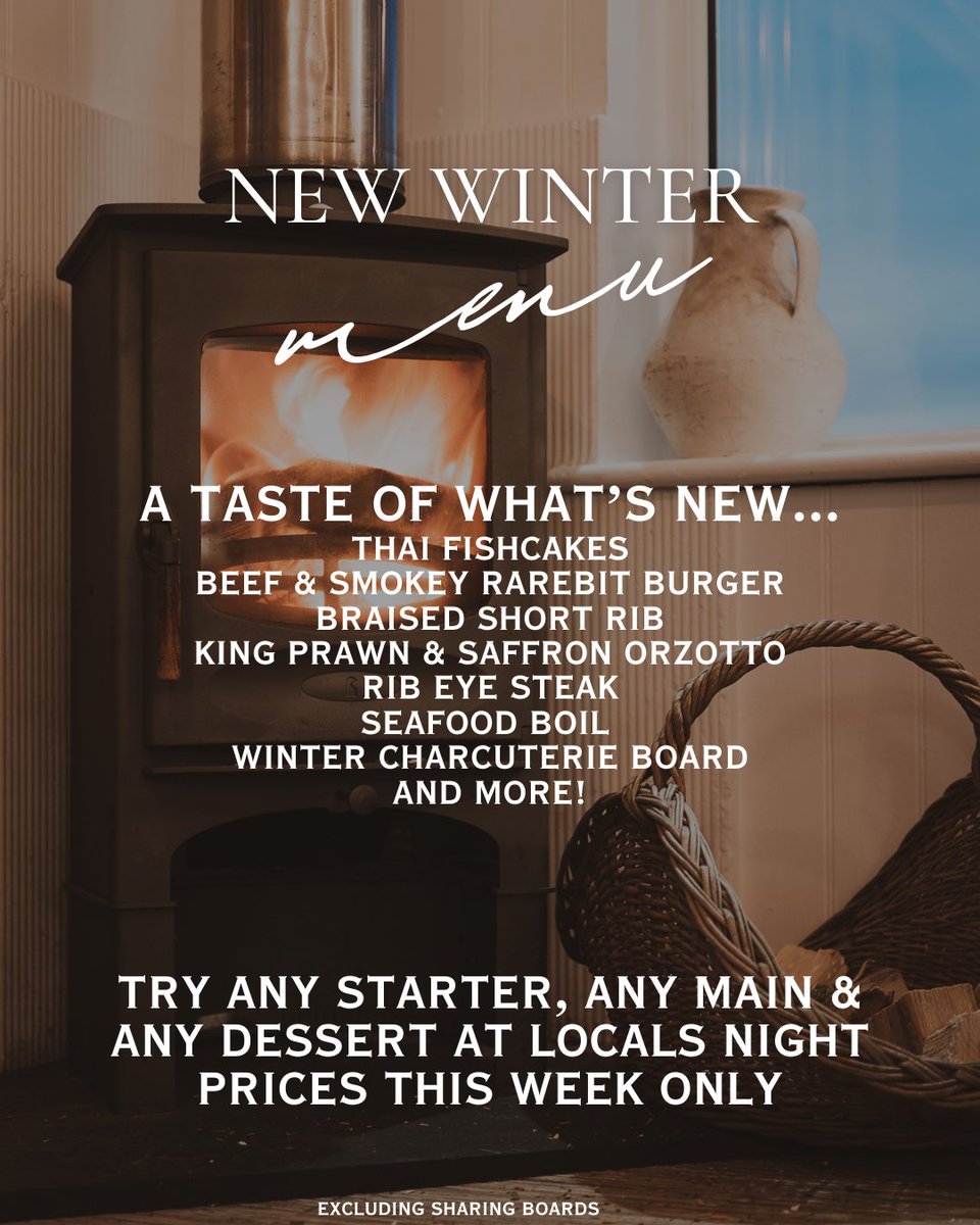 Our new winter menu is live! 🎉 We figured that the very best way to taste our latest offering is to join us this Thursday for a very special Locals Night.

Any starter
+
Any main course (excluding sharing boards)
+
Any dessert

2 courses £19.95
3 courses £23.95