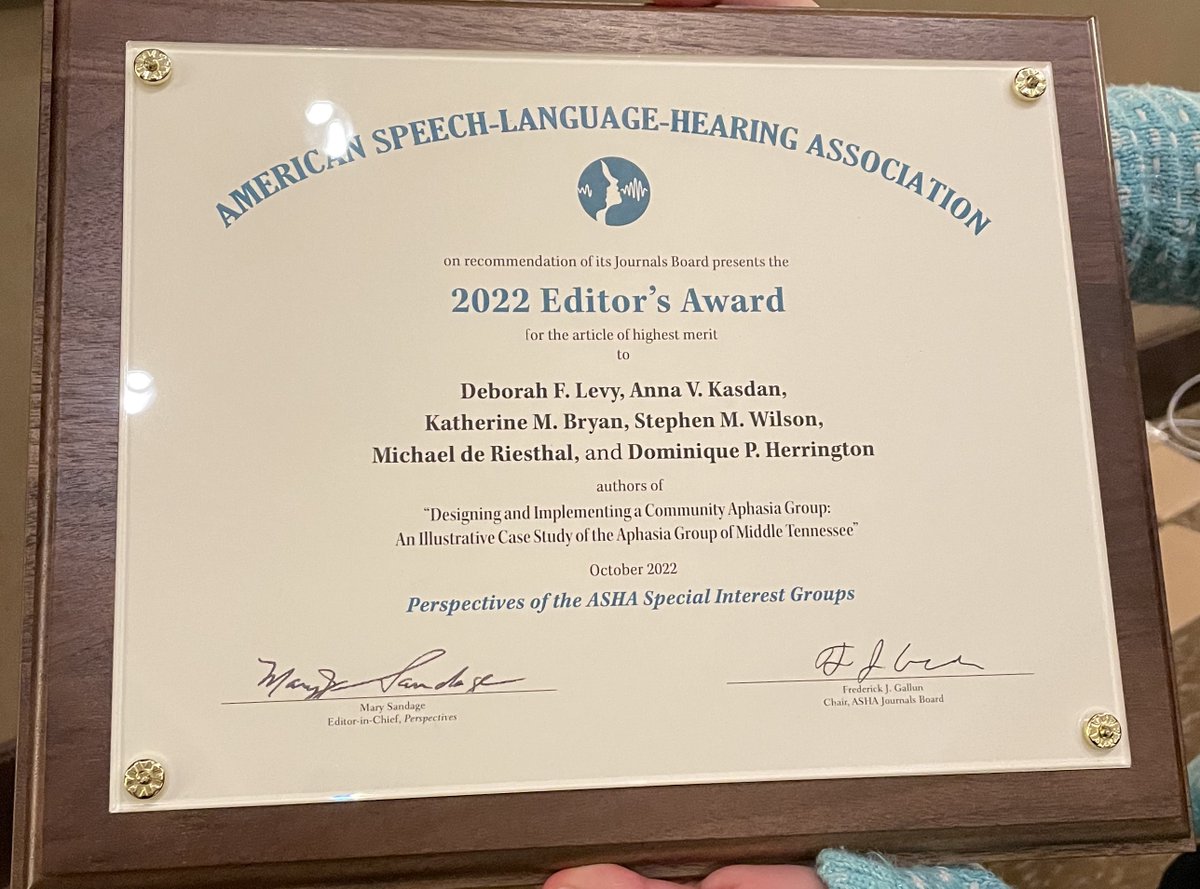 deb_f_levy's tweet image. Thanks @ASHAJournals for awarding @annakasdan, @katmbryan, @smwilsonau, @M_de_R, (X-less) Dominique Herrington, and myself a 2022 ASHA Editor&apos;s Award--stay tuned for more accessible research from this academic team!