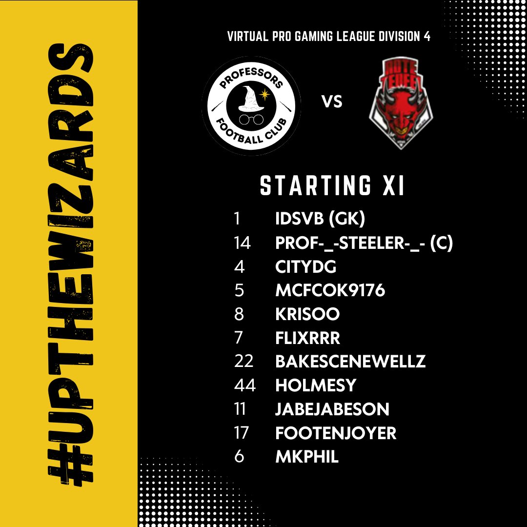 Professors FC (@professorsfc) on Twitter photo Our starting lineup for our <a href="/OfficialVPG/">Virtual Pro Gaming</a> Europe Division 4 League Matches tonight!
#upthewizards 🟡⚪️ Our starting lineup for our <a href="/OfficialVPG/">Virtual Pro Gaming</a> Europe Division 4 League Matches tonight!
#upthewizards 🟡⚪️