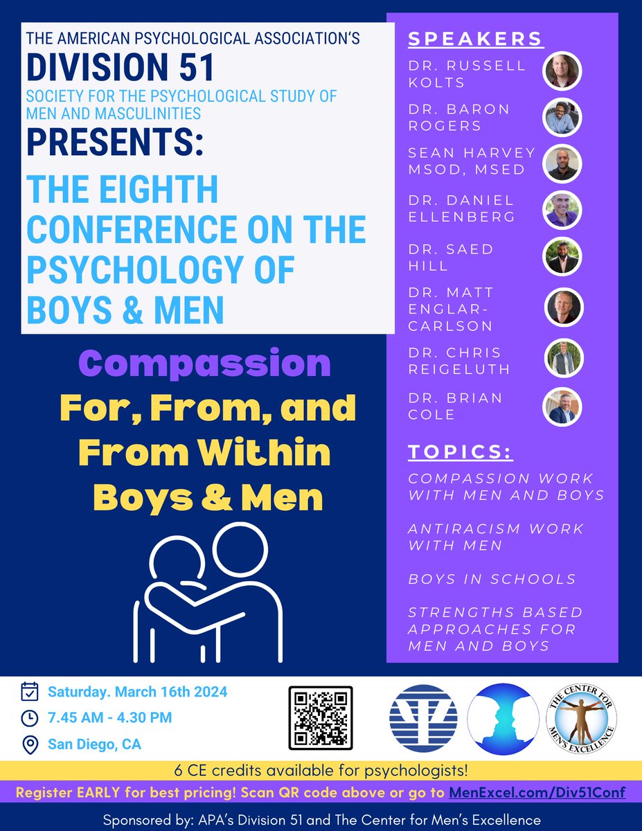 Be sure to join us in San Diego for the 8th Conference on the psychology of boys & men! An amazing panel of speakers are lined up and CEs are available. I’ll be presenting on positive psychotherapy with men and boys. @SPSMM_D51 @menexcel