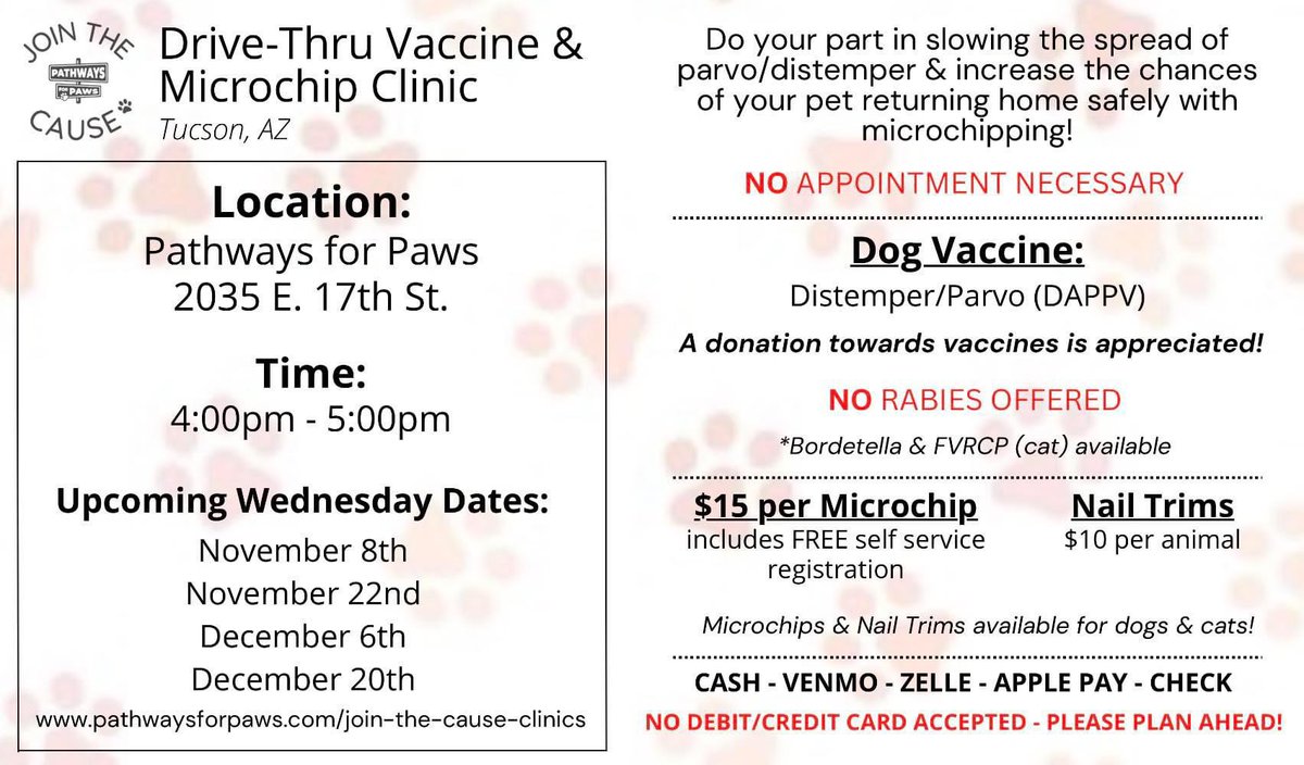 Mark your calendars for this Wednesday, November 22nd & “Join the Cause” from 4p-5p 🐾 Nail trims, distemper/parvo vaccines & microchipping conveniently while you stay in your vehicle! Plan ahead, keep your pets protected!