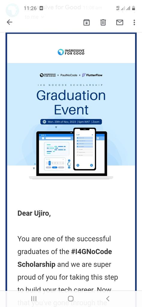 ujiroexotic's tweet photo. "I just graduated from the #I4GNoCode class of 2023!!! Thanks @Ingressive4Good, @paul_okoduwa and @flutterflow.io for this opportunity πππ." https://t.co/3PHywHS3oD
