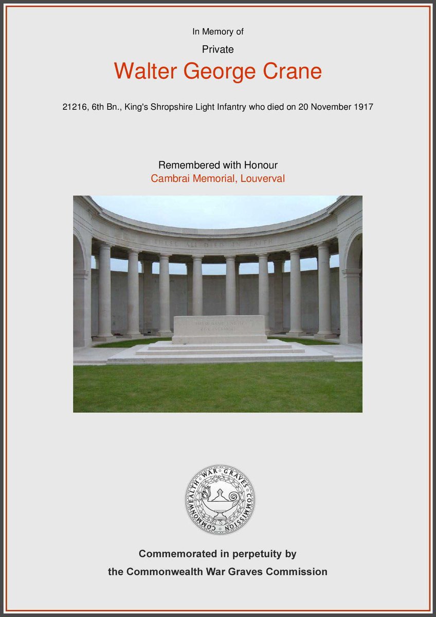 SalopianGenes's tweet image. Remembering today, my Grt Uncle.
Walter Crane - killed at the Battle of Cambrai 1917

#WW1 #KSLI
