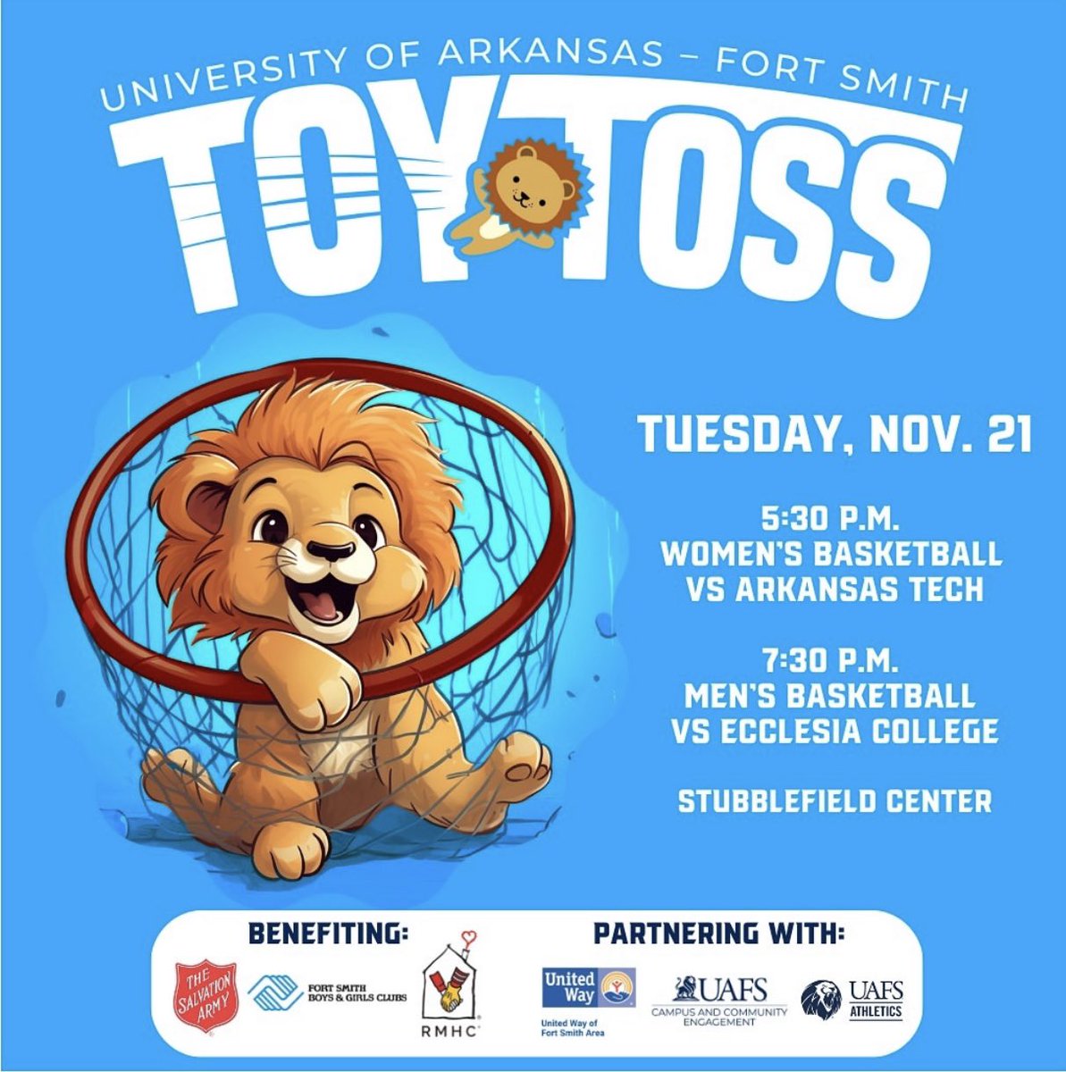 UAFSMBB's tweet image. Toy 🧸 Toss Game Tomorrow! Free entry for a child and guardian with any one toy! Throw them on the floor after the first basket during the Men’s game! 🦁🏀🧸