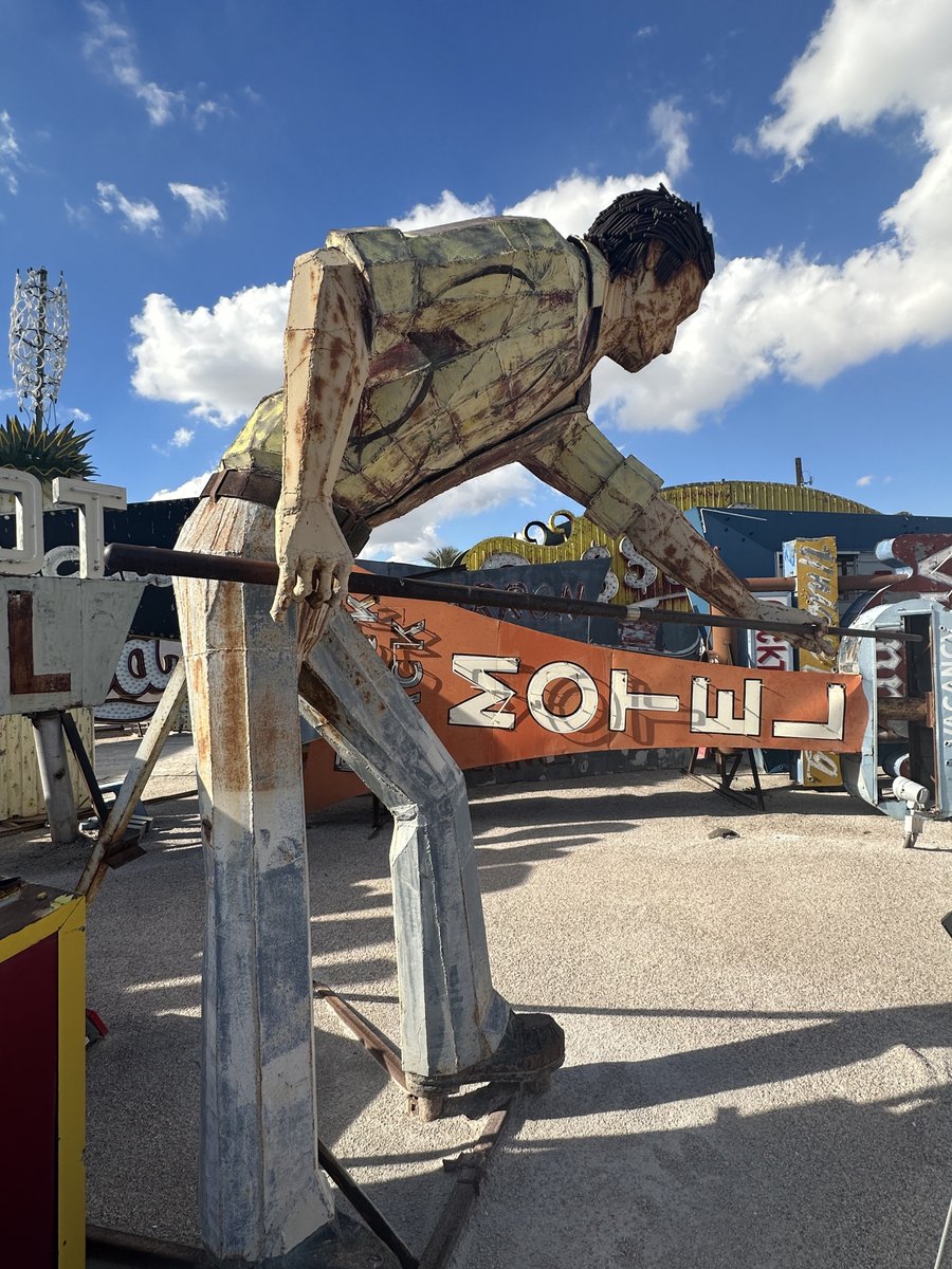 Sign shadow reveal! Meet 'The Pool Player' from Doc & Eddy's. This steel creation by artist Jeff P. Pendergrass dates back to 1983. Affectionately known as “mullet man,” by Museum staff, the detailed sculpture features eyebrows, fingernails, knuckles, and distinctive hair.