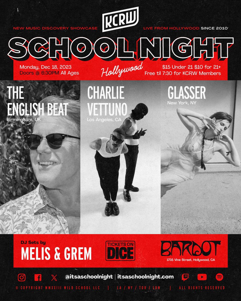 School Night (@itsaschoolnight) on Twitter photo LA, we’ve got one last show for you in 2023! Join KCRW and School Night at <a href="/Bardot_Hllywd/">Bardot</a> Mon, 12/18 for live performances by <a href="/TheEnglishBeat/">The English Beat</a>, <a href="/CharlieVettuno/">Charlie Vettuno</a>, and <a href="/GLASSER_/">Glasser</a>! Plus DJ sets by Melis and Grem 🎄Secure your tickets here: link.dice.fm/za297dbfead1 LA, we’ve got one last show for you in 2023! Join KCRW and School Night at <a href="/Bardot_Hllywd/">Bardot</a> Mon, 12/18 for live performances by <a href="/TheEnglishBeat/">The English Beat</a>, <a href="/CharlieVettuno/">Charlie Vettuno</a>, and <a href="/GLASSER_/">Glasser</a>! Plus DJ sets by Melis and Grem 🎄Secure your tickets here: link.dice.fm/za297dbfead1