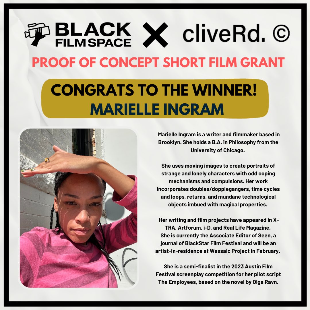 We're overjoyed to announce that Marielle Ingram is the winner of the Black Film Space X cliveRd Short Film Grant! Marielle is currently working on sci-fi short film entitled ‘Seeker’. Her creativity and vision are truly inspiring!
