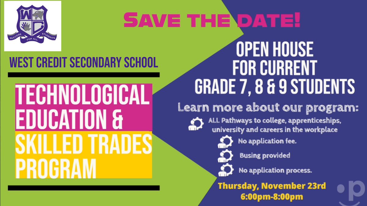 West Credit (@westcreditss) on Twitter photo Hey! This is for all current Grade 6,7,8 & 9 students - See you on Thursday, November 23rd - we are throwing open our doors to welcome you 6pm-8pm:
<a href="/PeelSchools/">Peel District School Board</a> Hey! This is for all current Grade 6,7,8 & 9 students - See you on Thursday, November 23rd - we are throwing open our doors to welcome you 6pm-8pm:
<a href="/PeelSchools/">Peel District School Board</a>